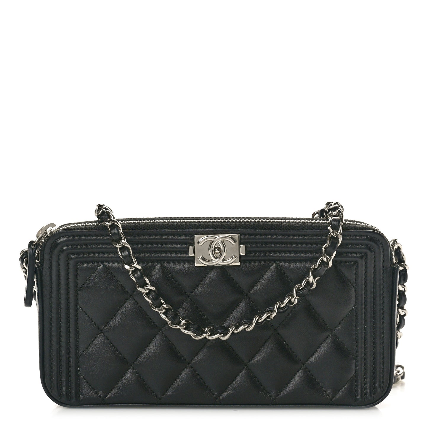 Lambskin Quilted Small Boy Clutch With Chain Black