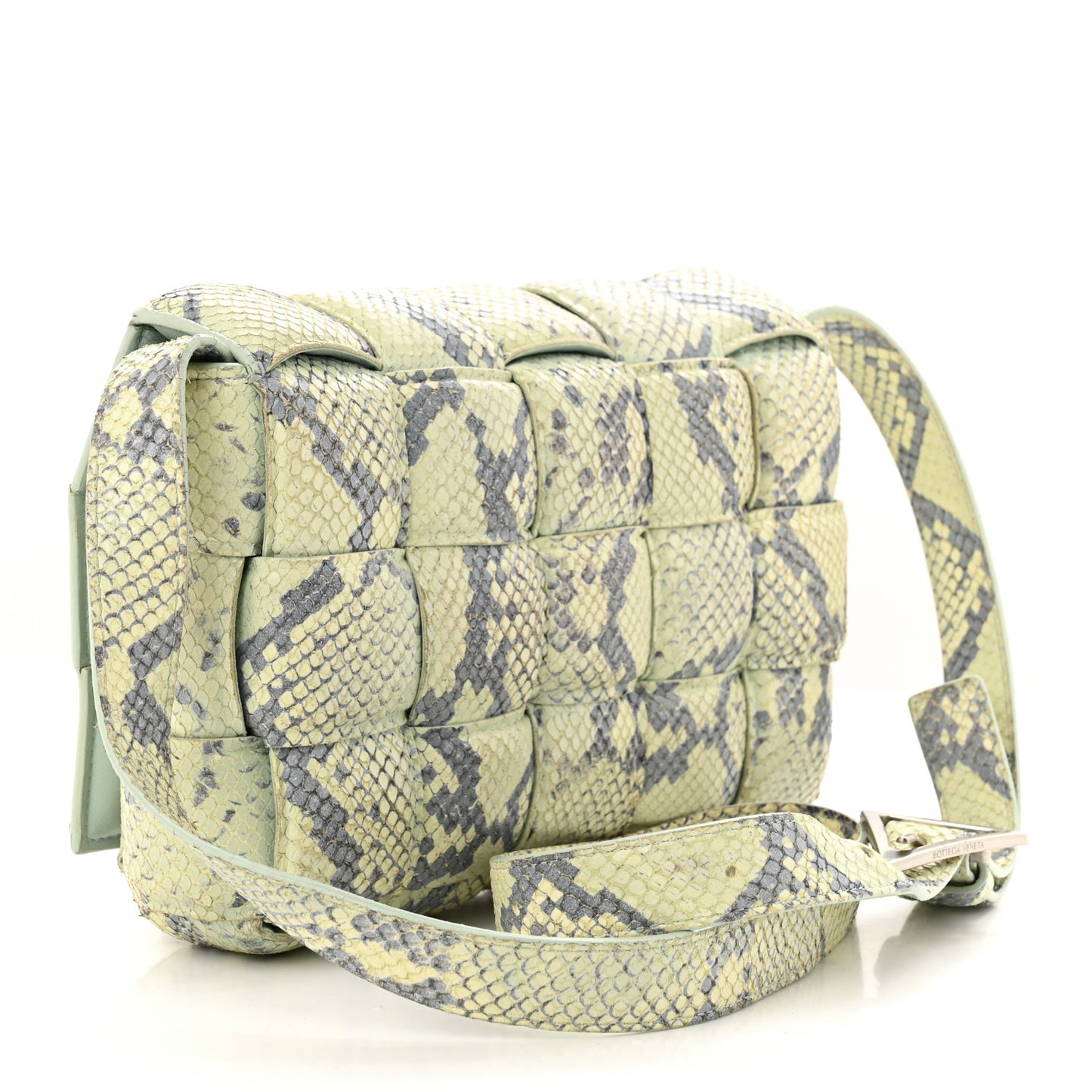 Goatskin Python Embossed Padded Cassette Crossbody Bag Kiwi Black Silver
