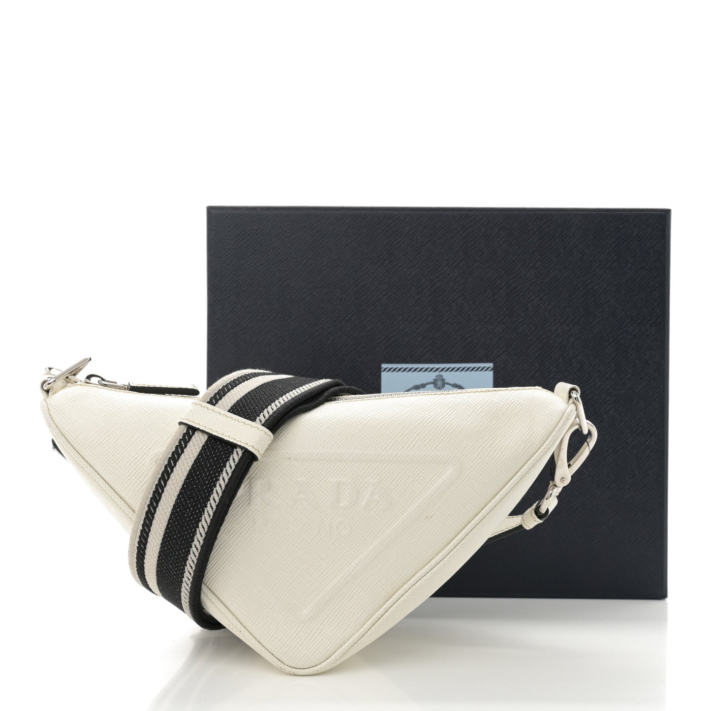 Saffiano Cuir Triangle Logo Embossed Triangle Shoulder Bag White