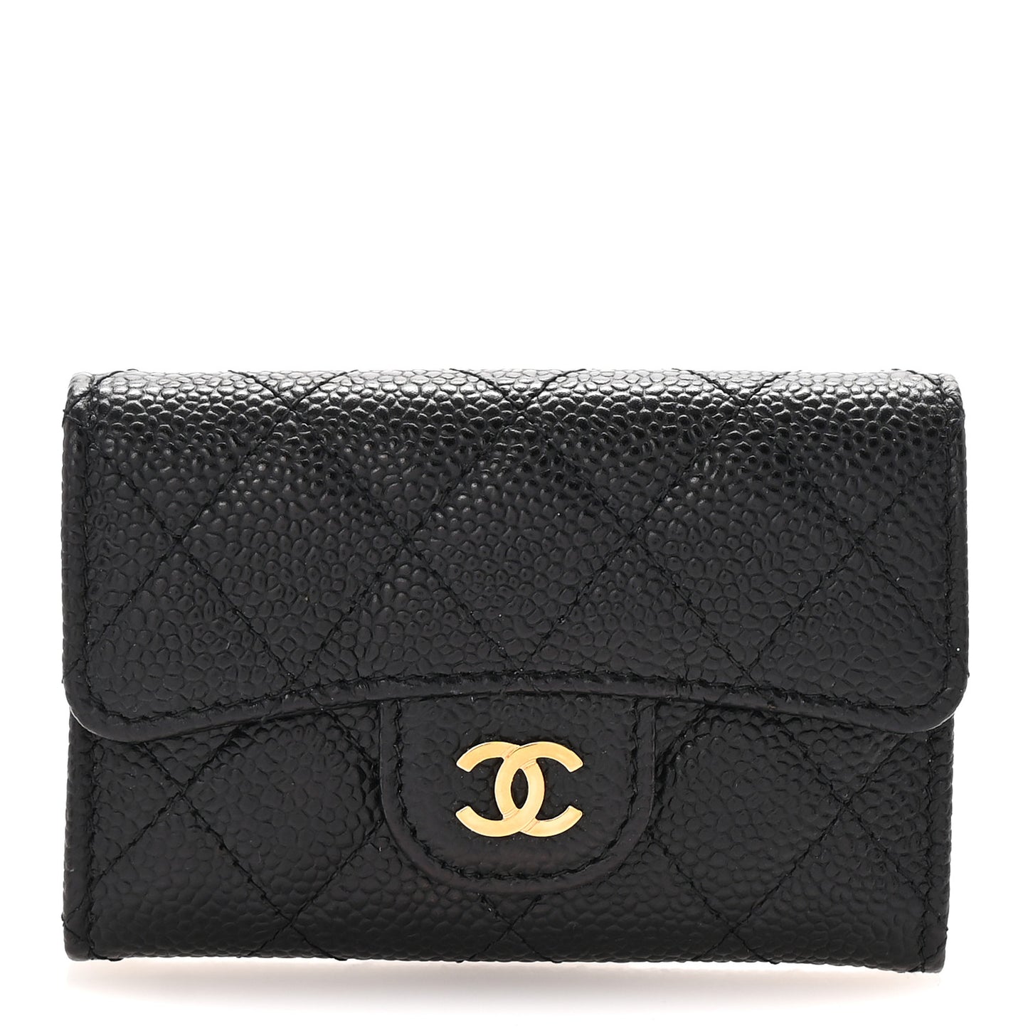 Caviar Quilted Flap Card Holder Wallet Black