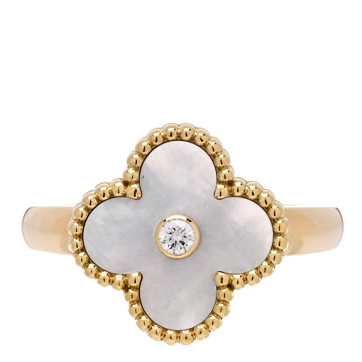 18K Yellow Gold Diamond Mother of Pearl Vintage Alhambra Ring 58 8.25