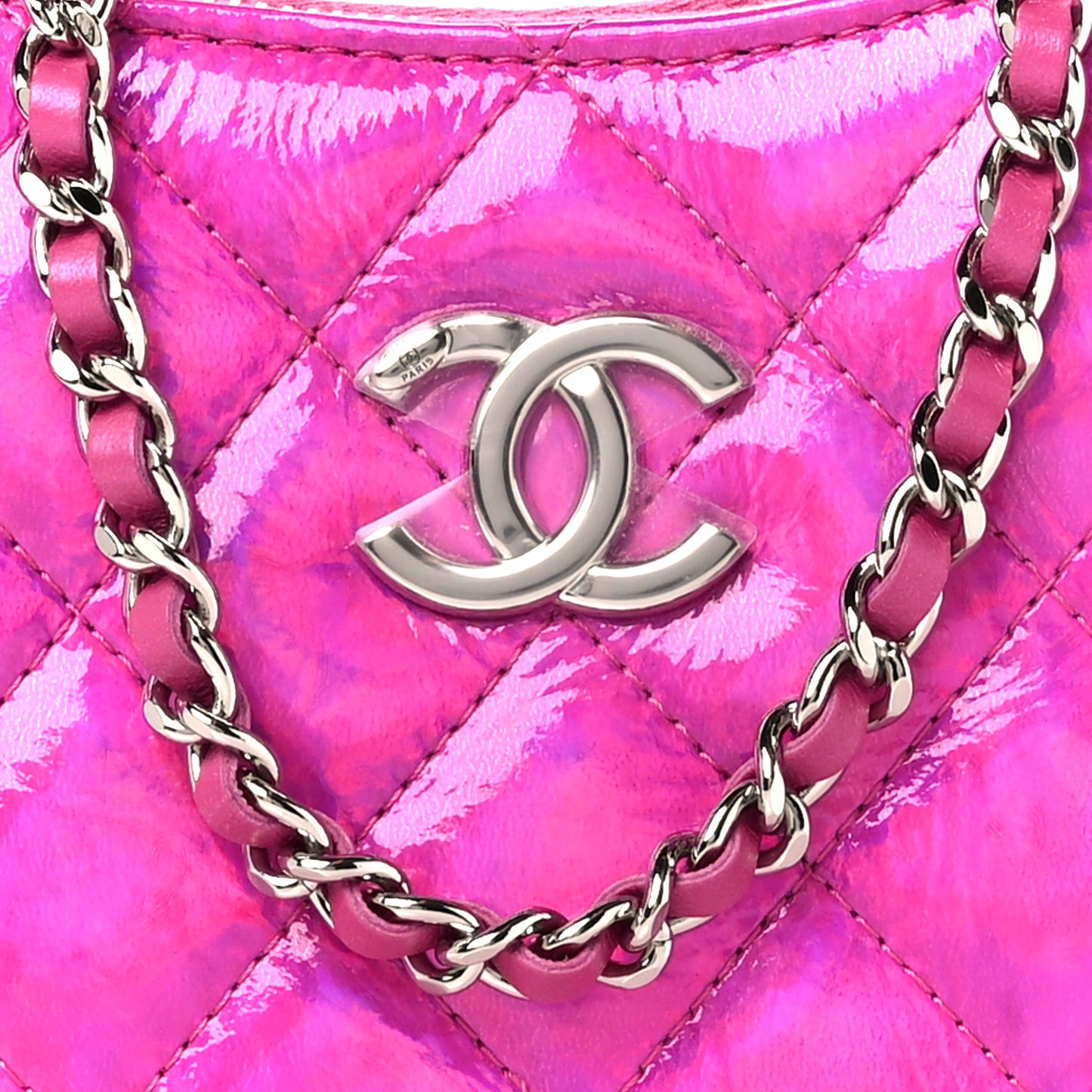 Iridescent Mirror Goatskin Clutch With Chain Pink
