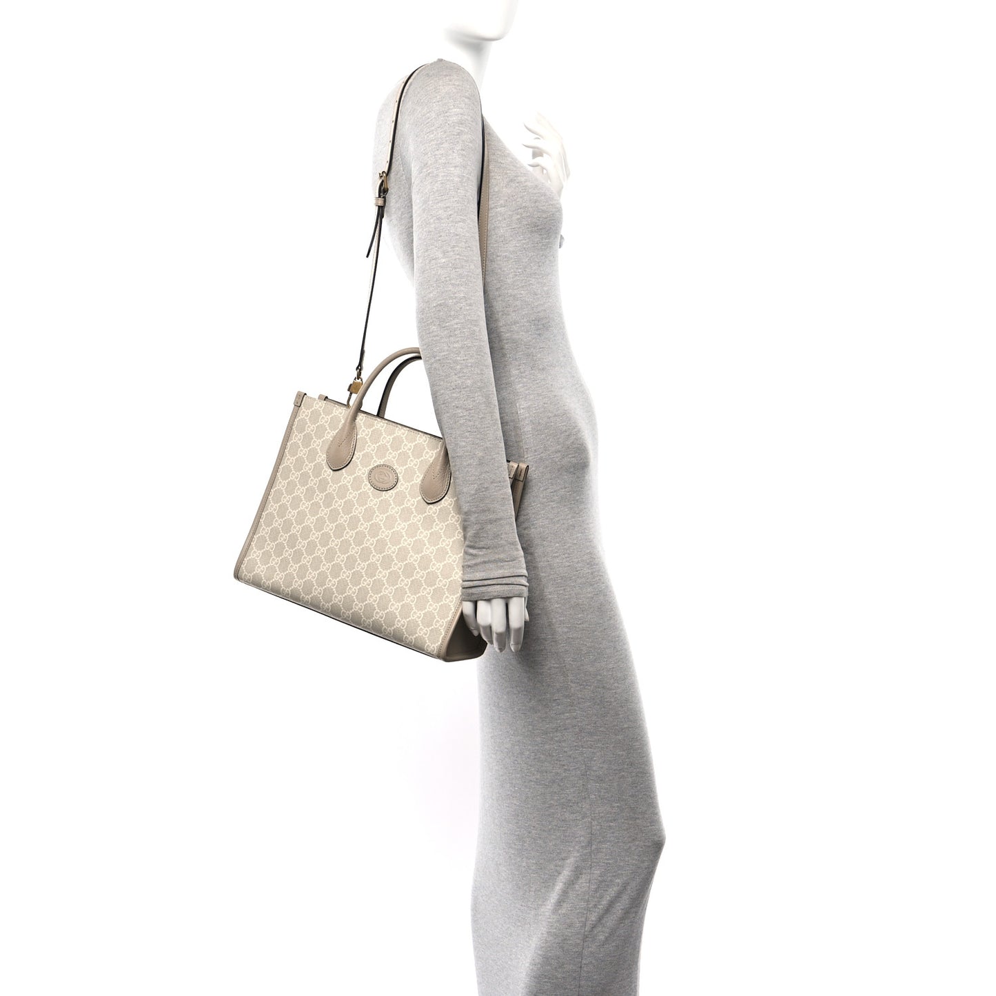 GG Supreme Monogram Textured Dollar Calfskin Small Retro Interlocking G Tote Bag Beige Mystic White Oatmeal