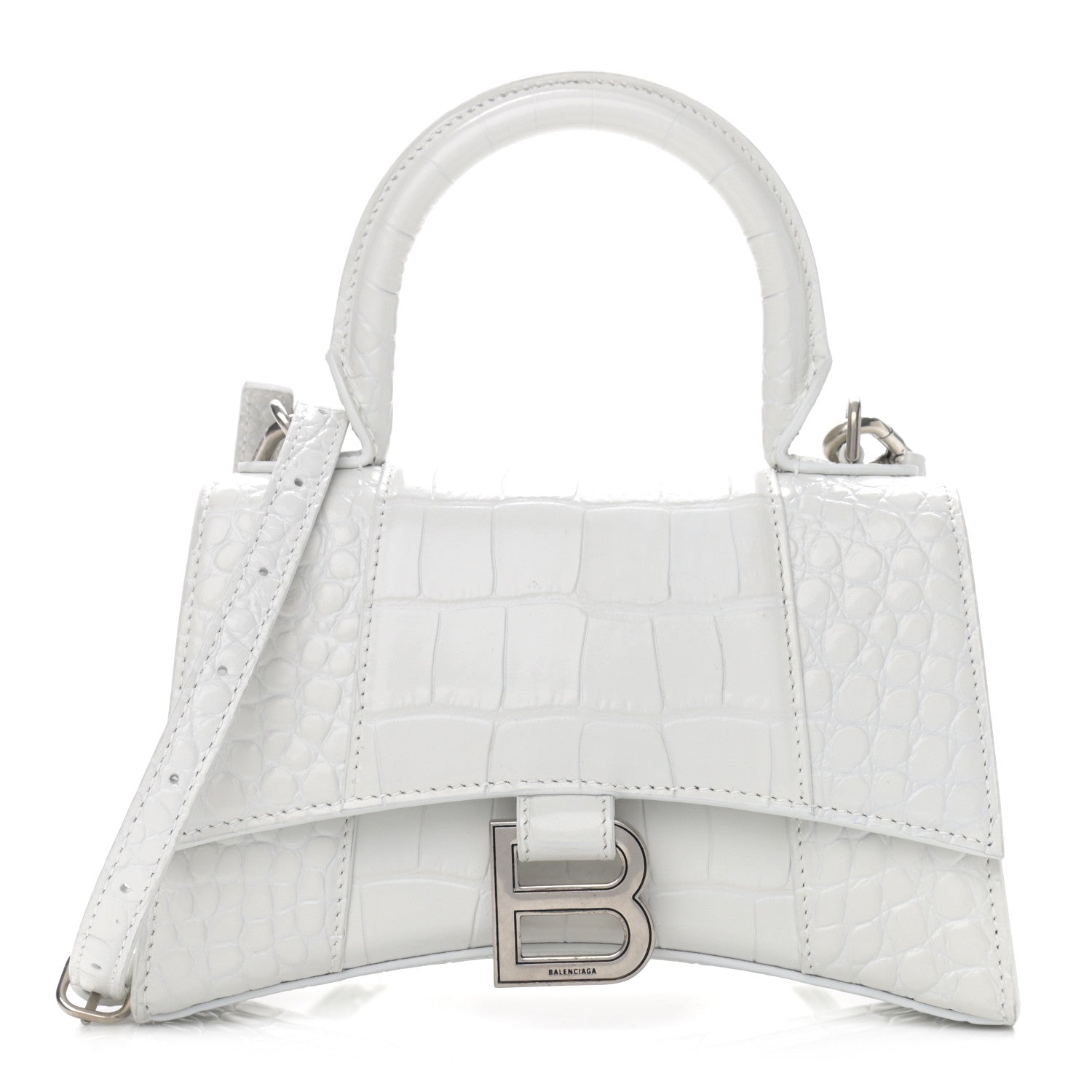 Balenciaga Shiny Calfskin Crocodile Embossed Hourglass Top Handle