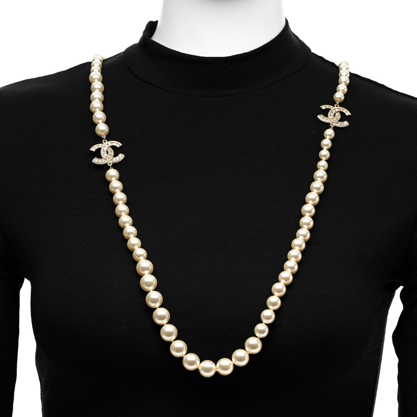 Pearl Baguette Crystal Long CC Necklace Gold
