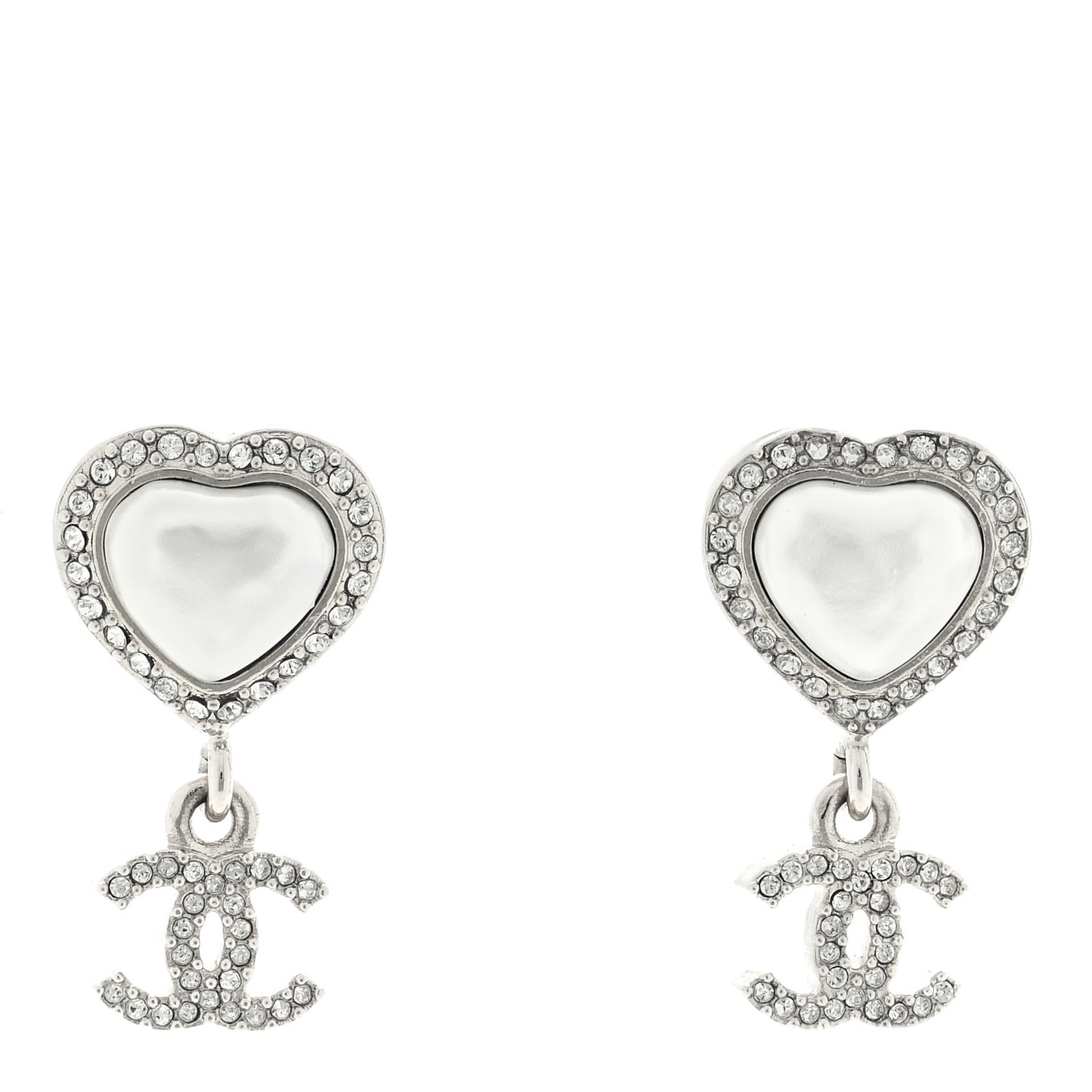 Pearl Crystal CC Heart Drop Earrings Silver