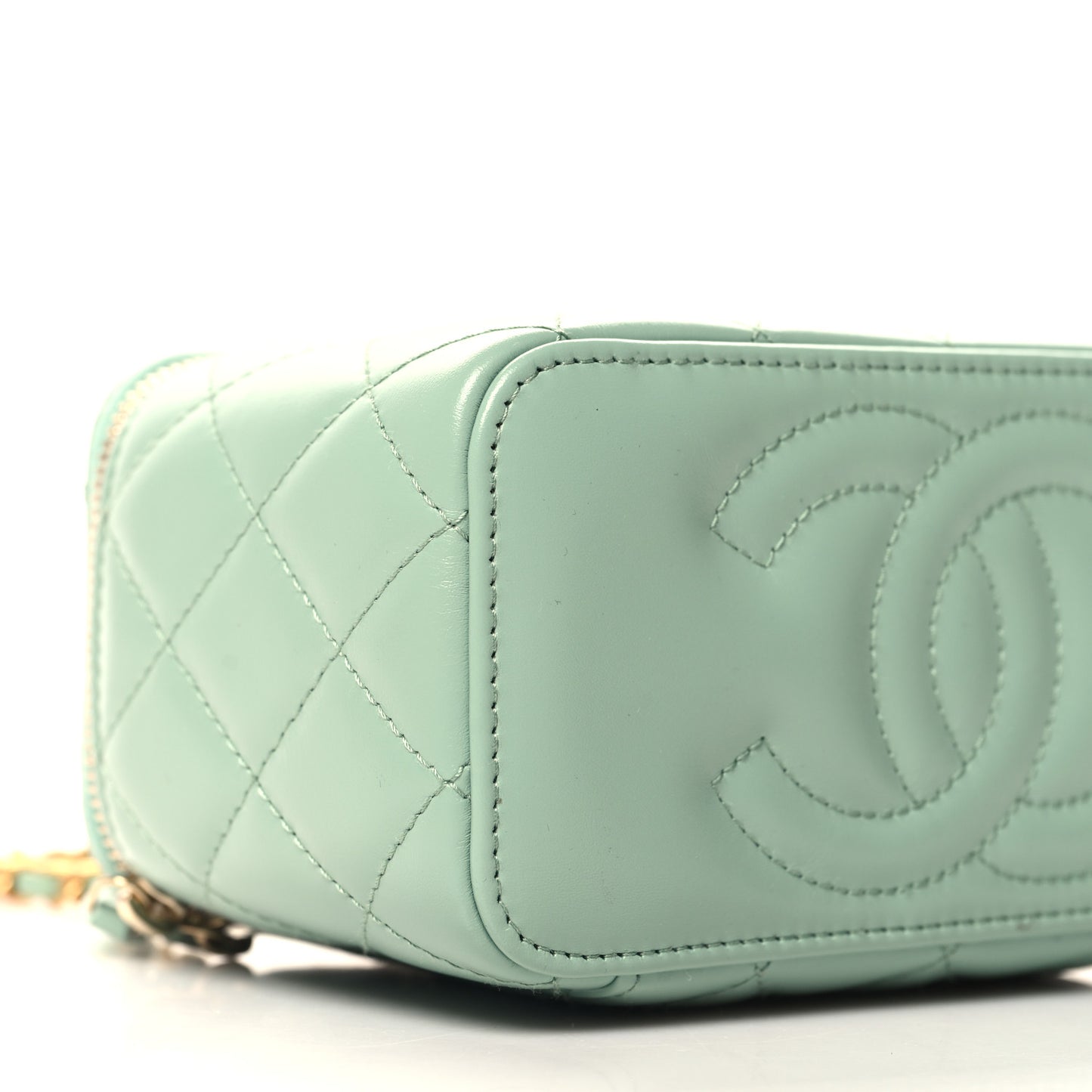 Shiny Calfskin Quilted Small Top Handle Vanity Case With Chain Light Green