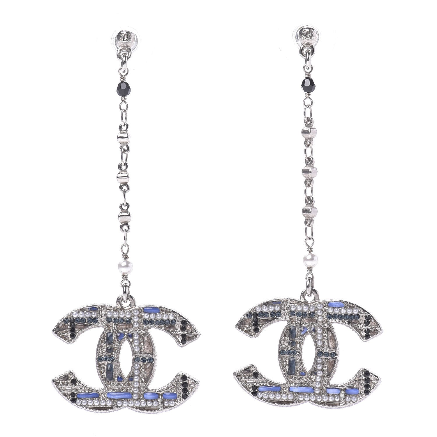 Chanel Pearl Crystal CC Tweed Drop Earrings Silver Blue Black 1 of 4