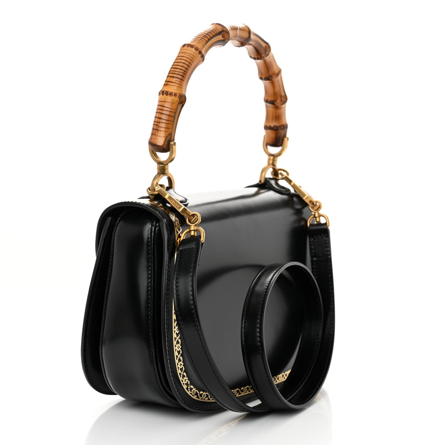 Calfskin Frame Print Bamboo Top Handle Bag Black