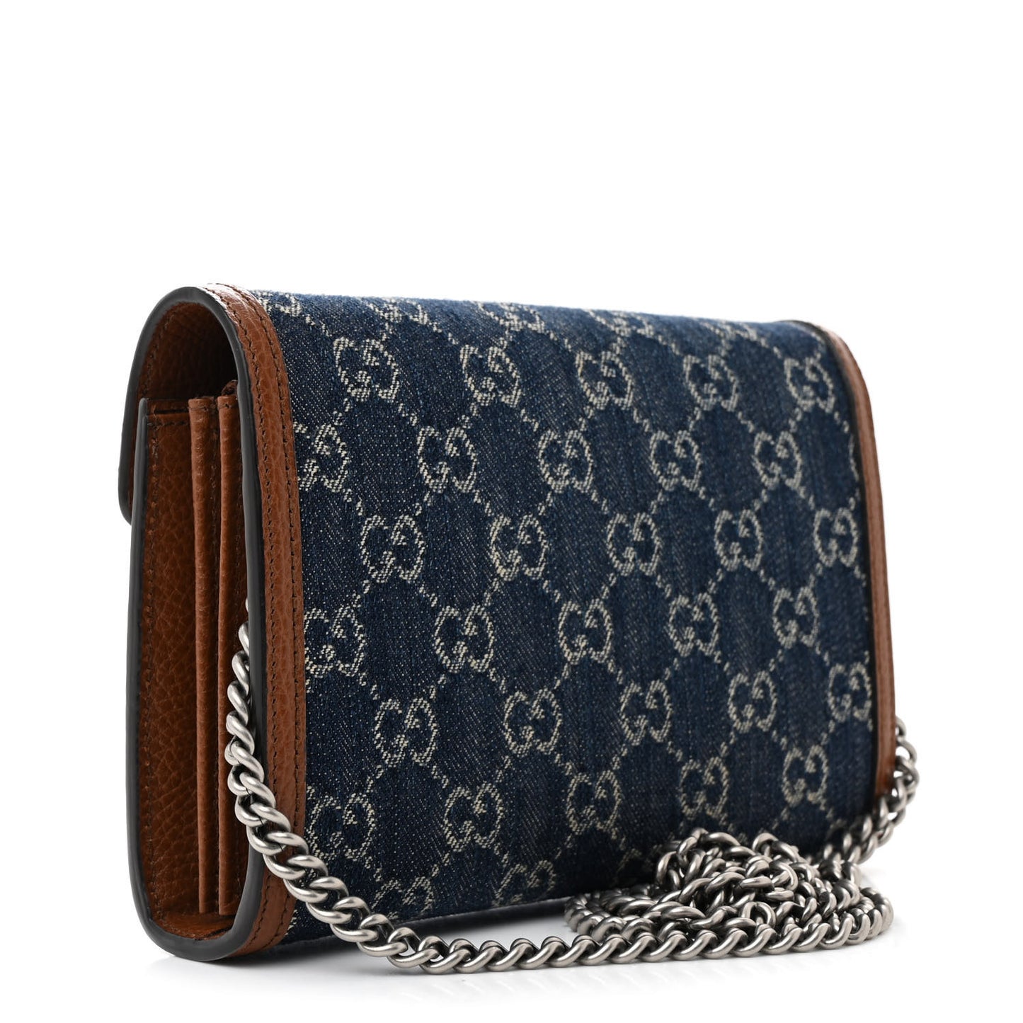 New Denim GG Monogram Dollar Calfskin Enamel Mini Dionysus Chain Wallet Blue Tea Cuir Epilog Electric Blue