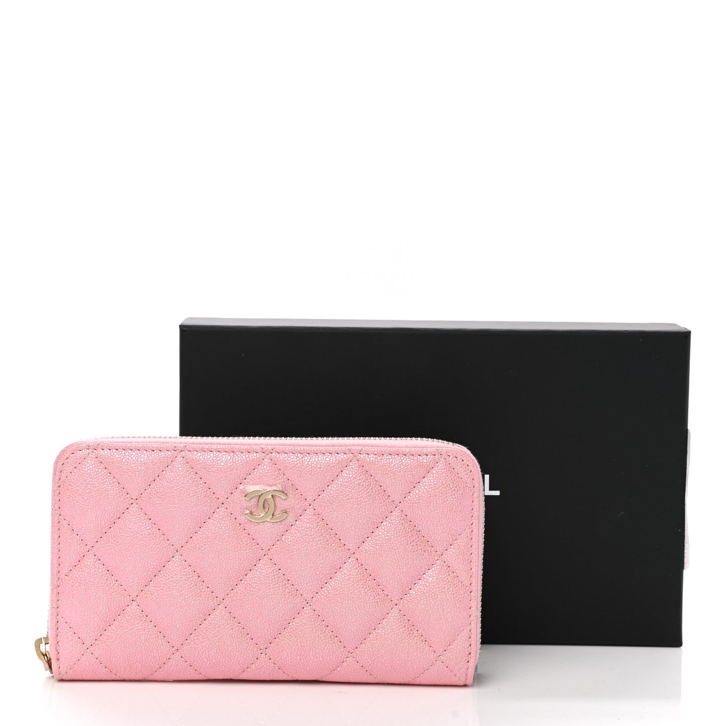 Iridescent Caviar Quilted Medium Zip Around Wallet Pink