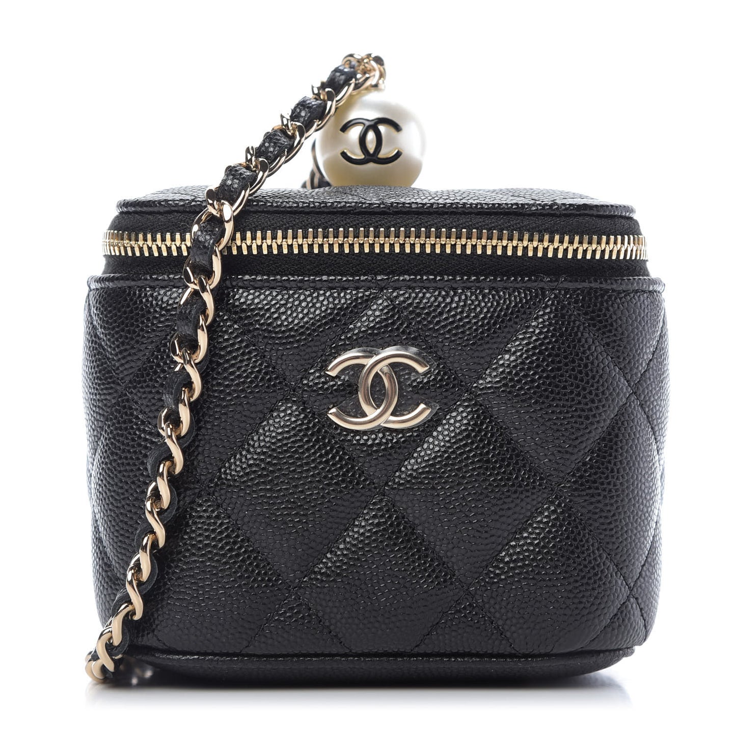 Caviar Quilted Mini Pearl On Top Vanity Case With Chain Black