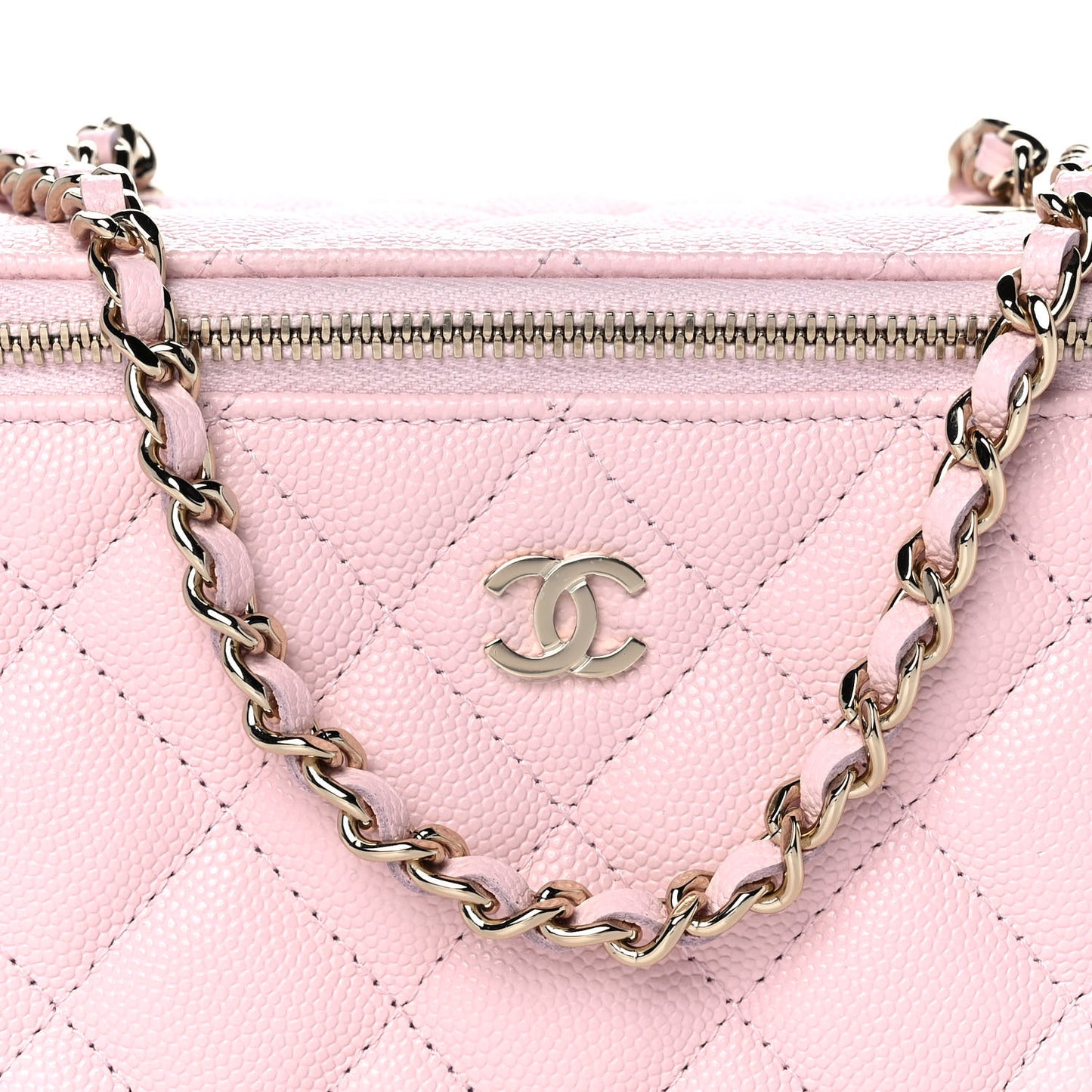 Caviar Quilted Small Vanity Case With Chain Light Pink