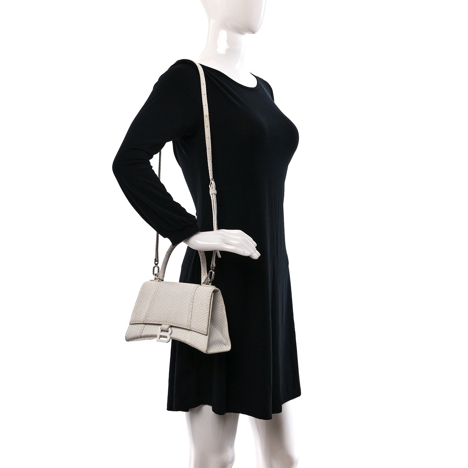 Balenciaga Matte Calfskin Snake Embossed Tonal B Small Hourglass Top Handle Bag Optic White 2 of 19
