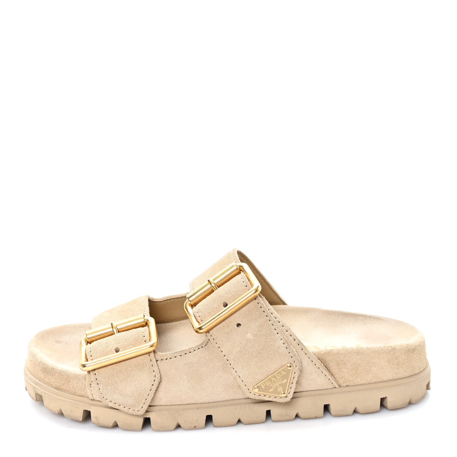 Prada Suede Metal Triangle Logo Womens Double Buckle 20mm Slide
