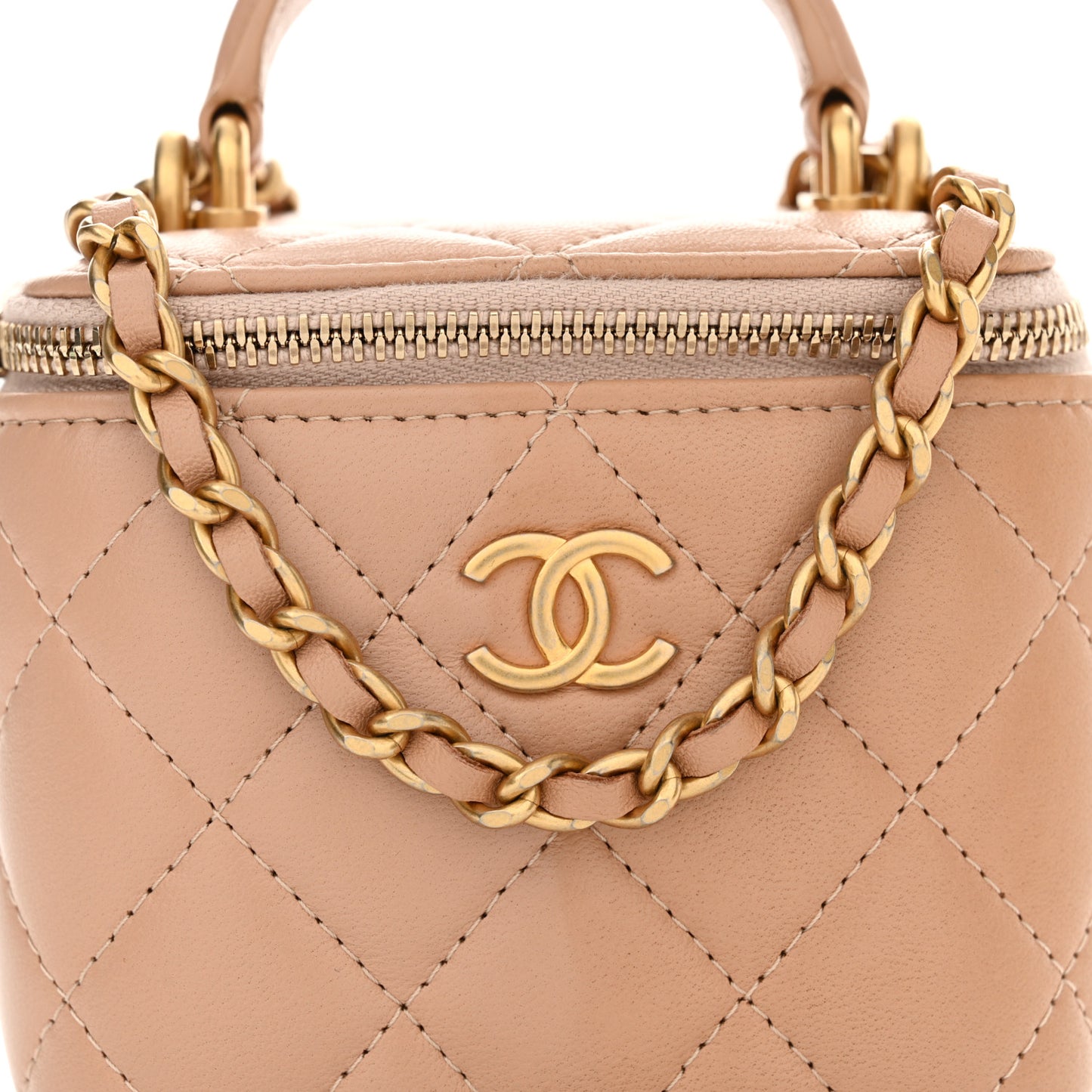 Lambskin Quilted Top Handle Mini Vanity Case With Chain Beige