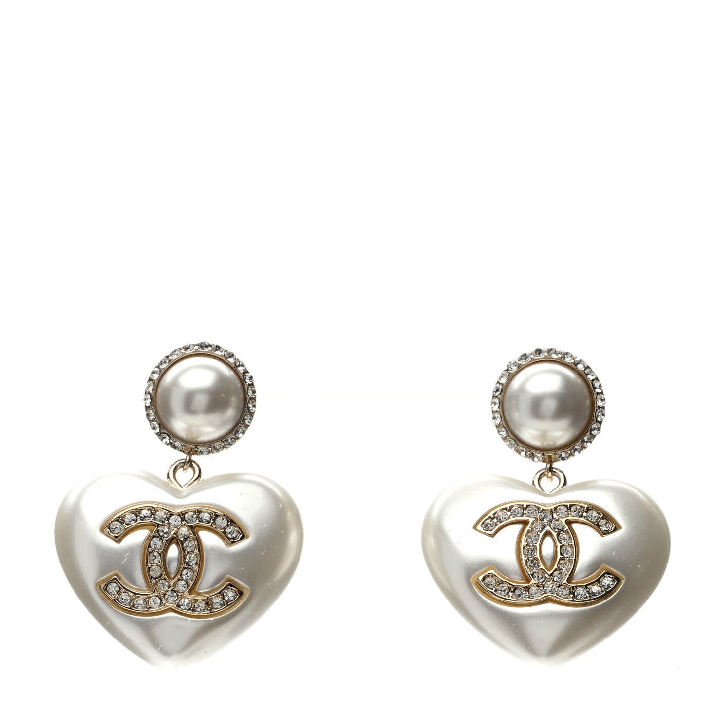 Pearl Crystal CC Heart Drop Earrings Gold