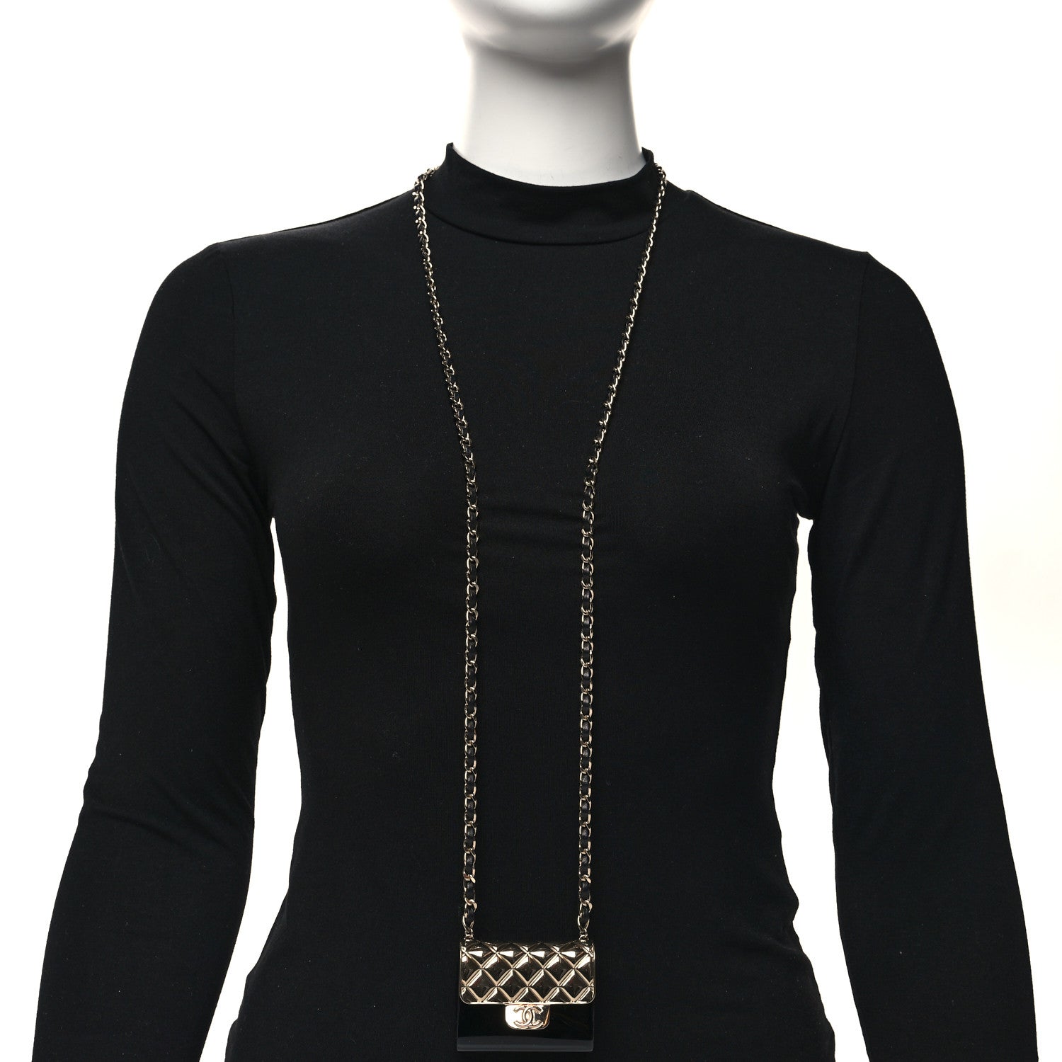 Chanel Metal Resin Lambskin Flap Bag Long Necklace Gold Black 2 of 6