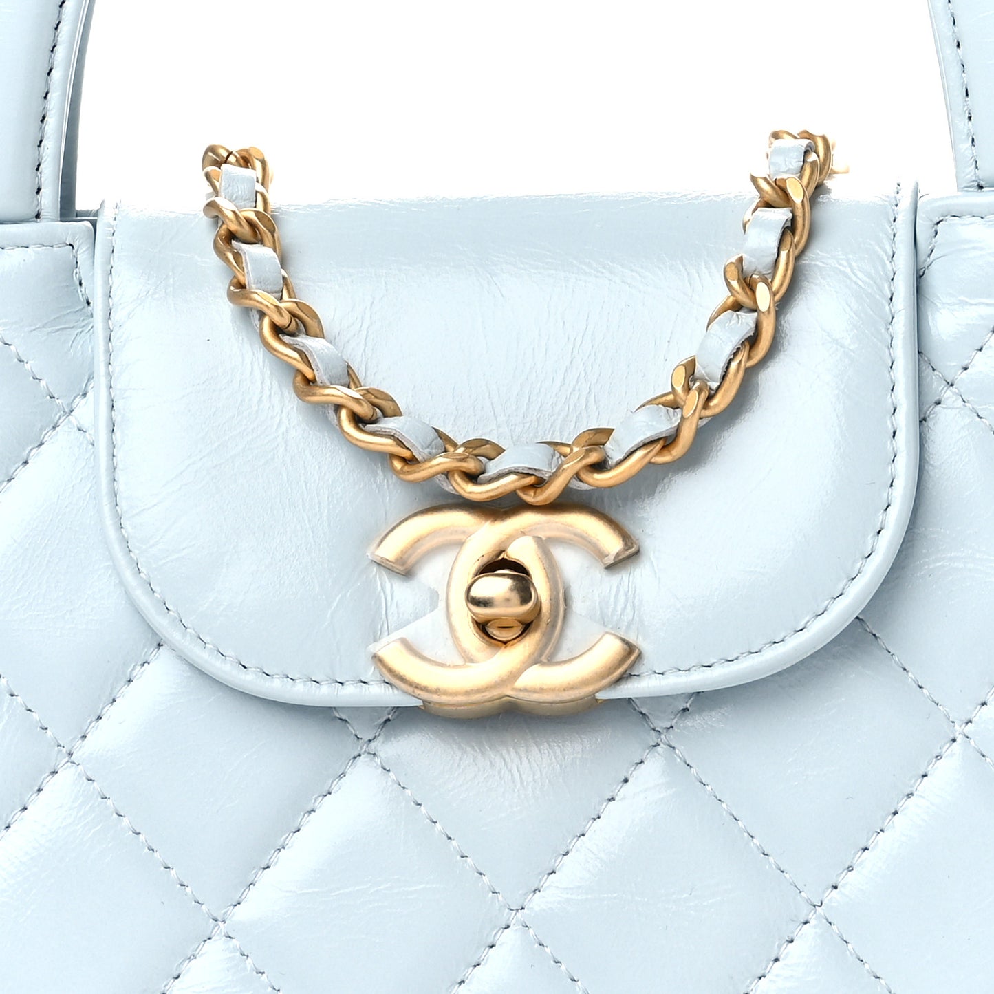 Shiny Aged Calfskin Quilted Nano Kelly Shopper Light Blue