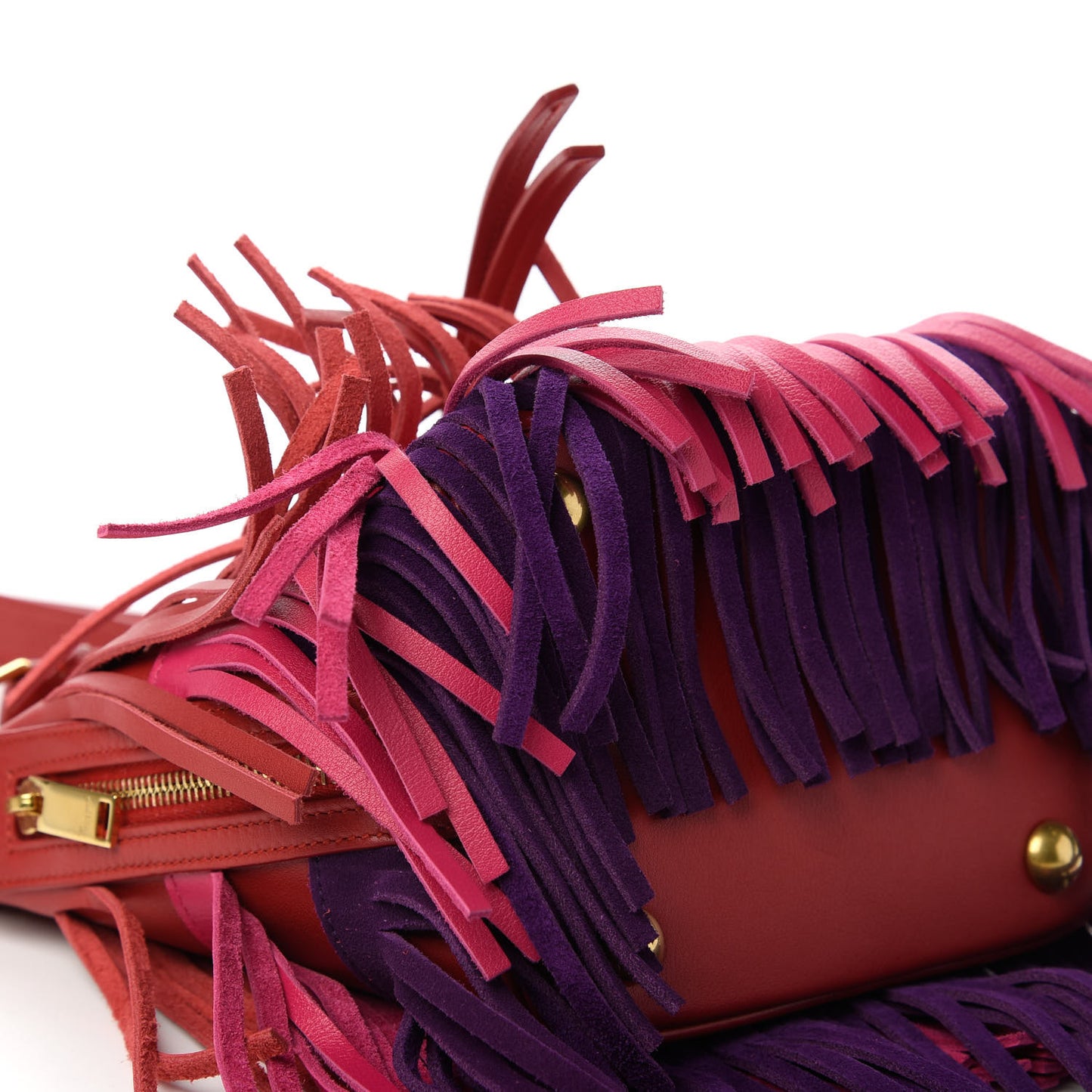 Calfskin Tri-Color Small Emmanuelle Fringe Bucket Bag Red Bubblegum Purple
