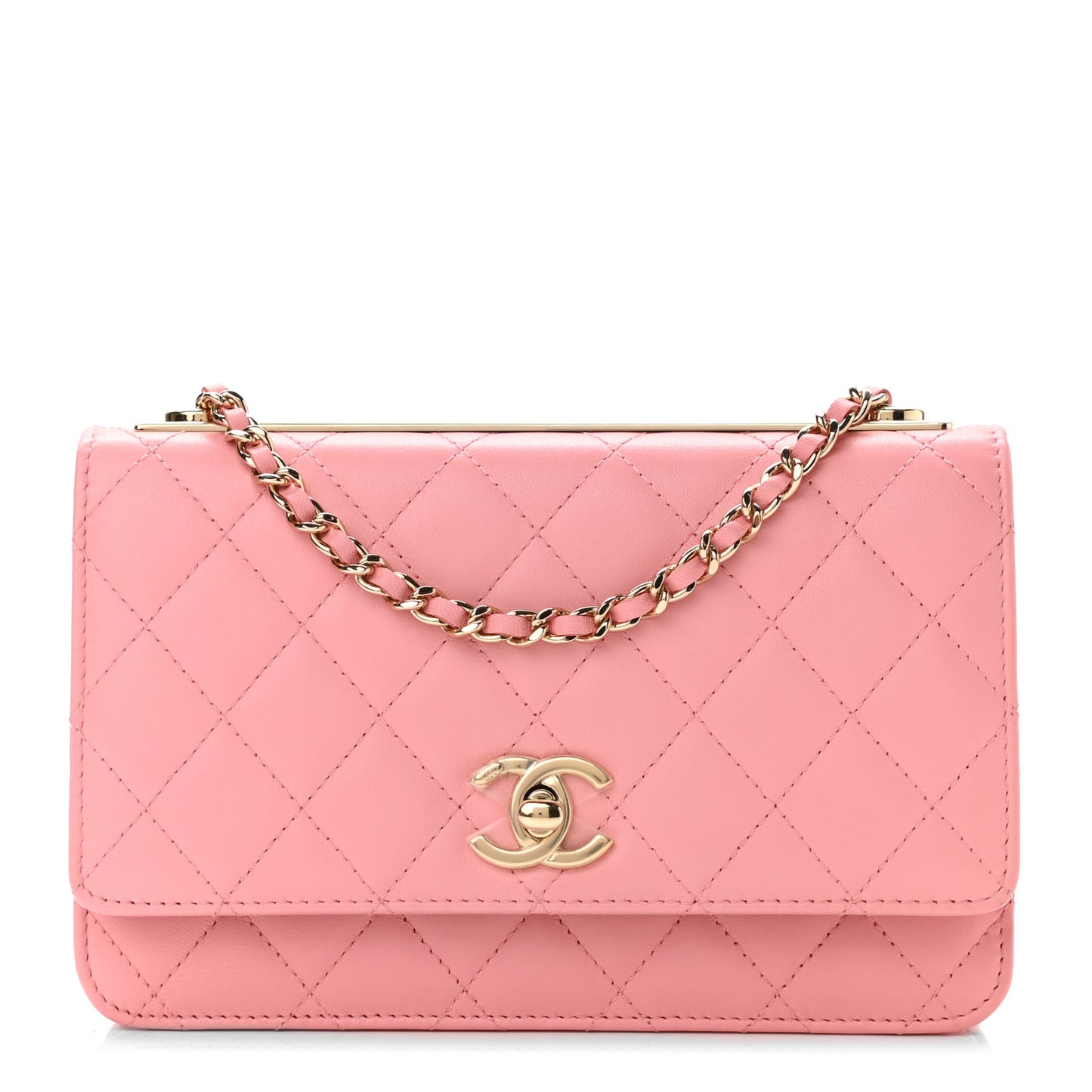 Lambskin Quilted Trendy CC Wallet On Chain WOC Pink