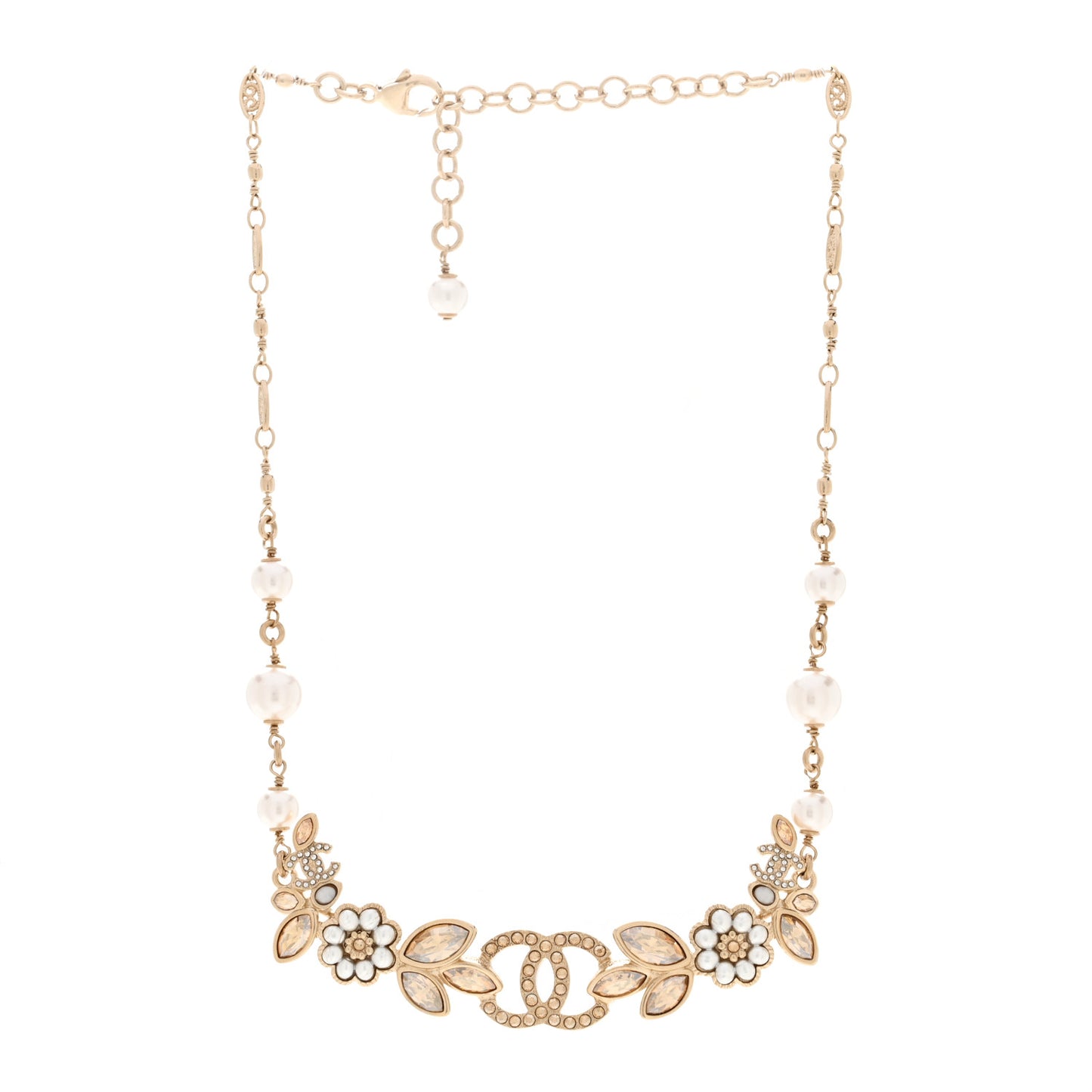 Pearl Crystal CC Flower Cluster Necklace Gold Light Brown Pearly White