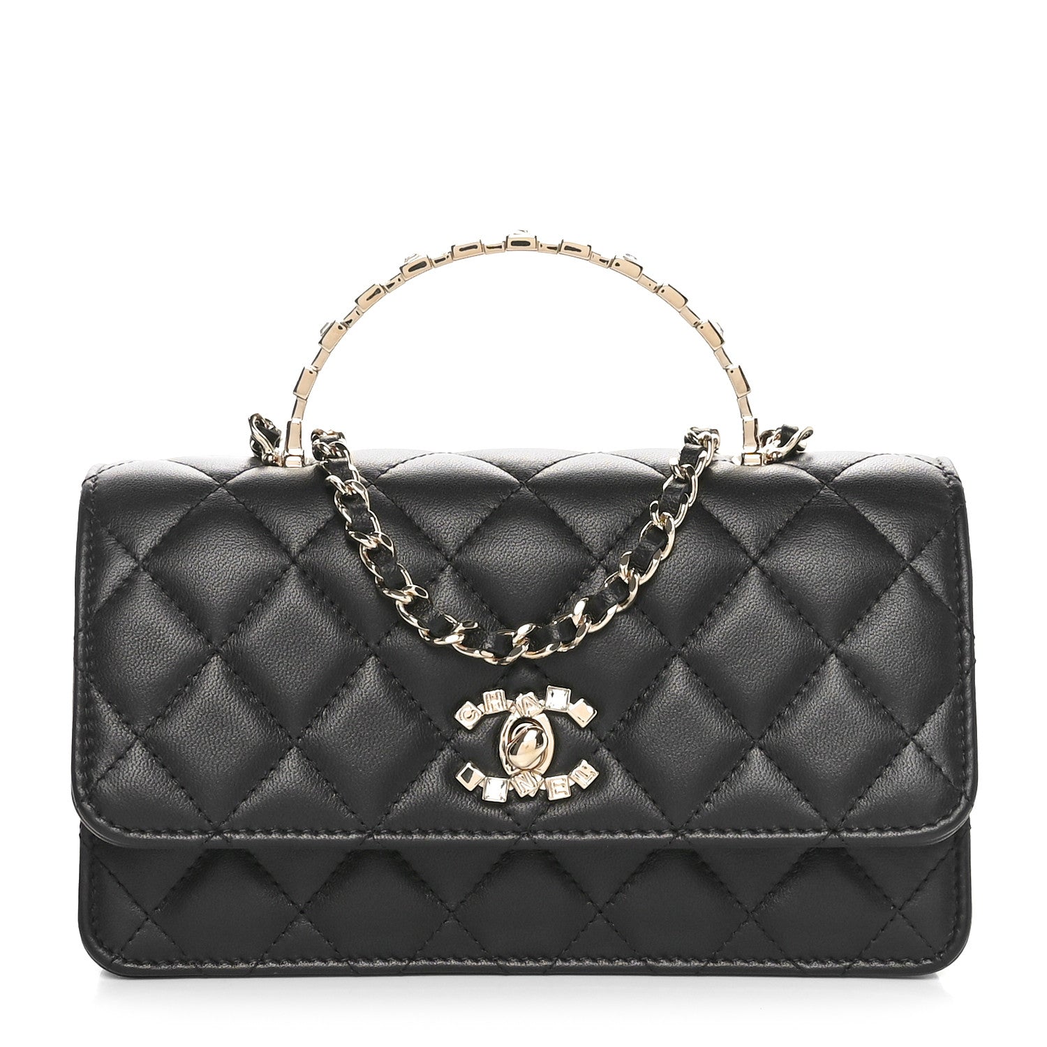 Chanel Lambskin Quilted Crystal Top Handle Clutch With Chain Black