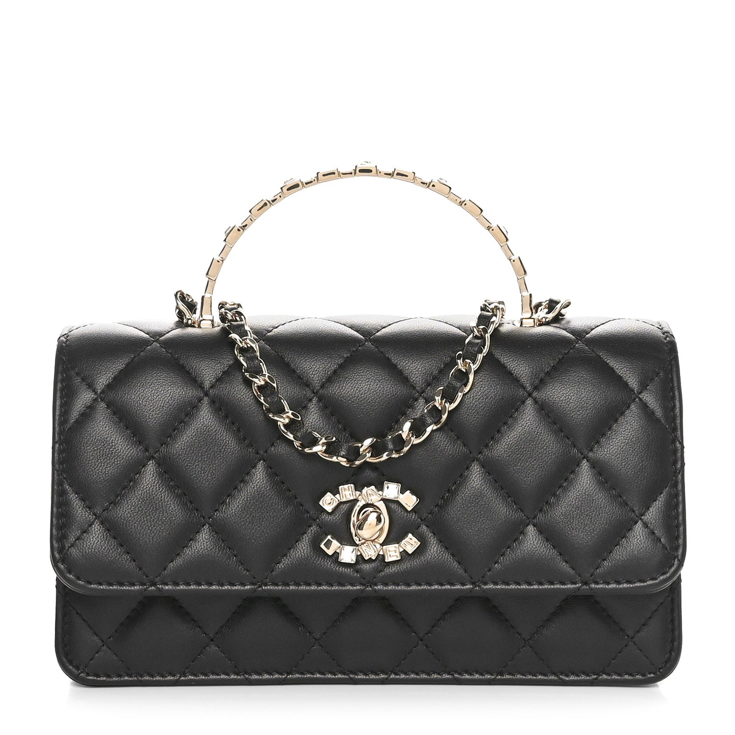 Lambskin Quilted Crystal Top Handle Clutch With Chain Black