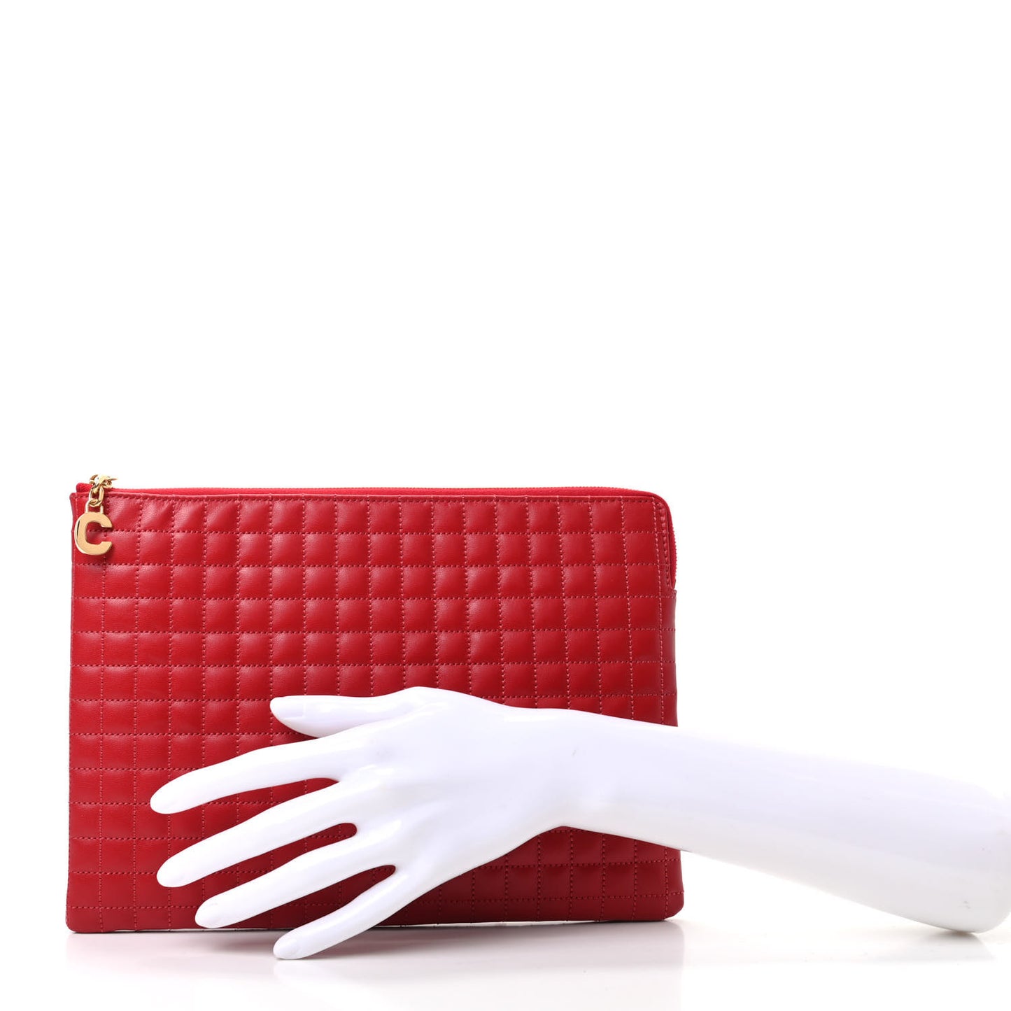 Calfskin Quilted C Charm Pouch Red