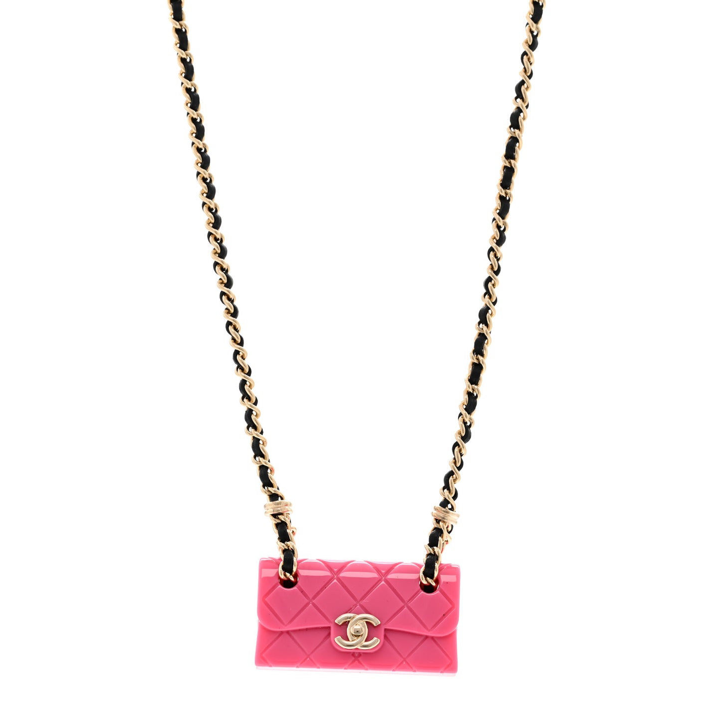 Metal Resin Calfskin Quilted CC Turnlock Chain Bag Necklace Gold Pink Gold Pink