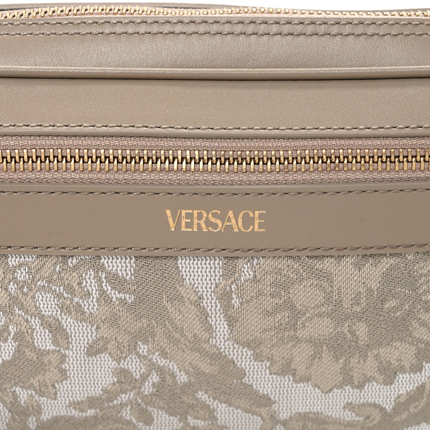 Fabric Jacquard Calfskin Barocco Wristlet Pouch Beige