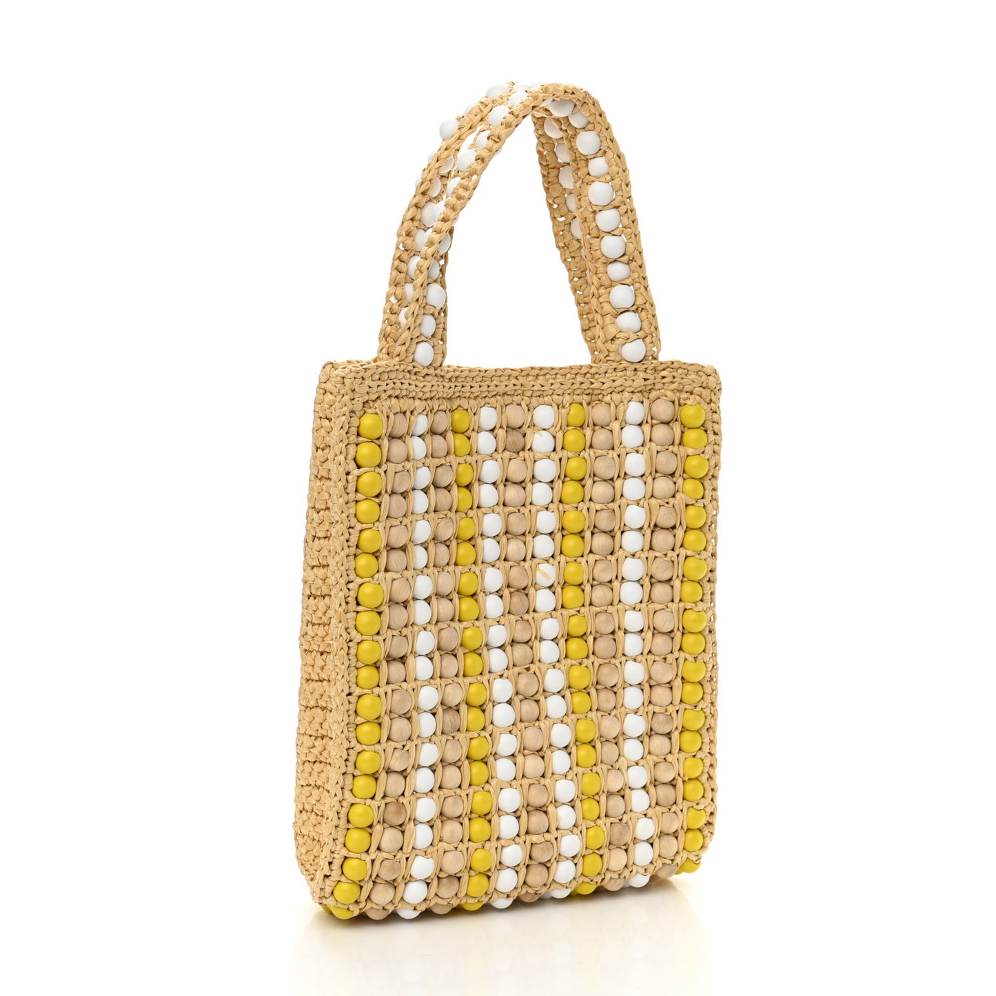 Raffia Wood Bead Embroidered Logo Tote Bag Naturale