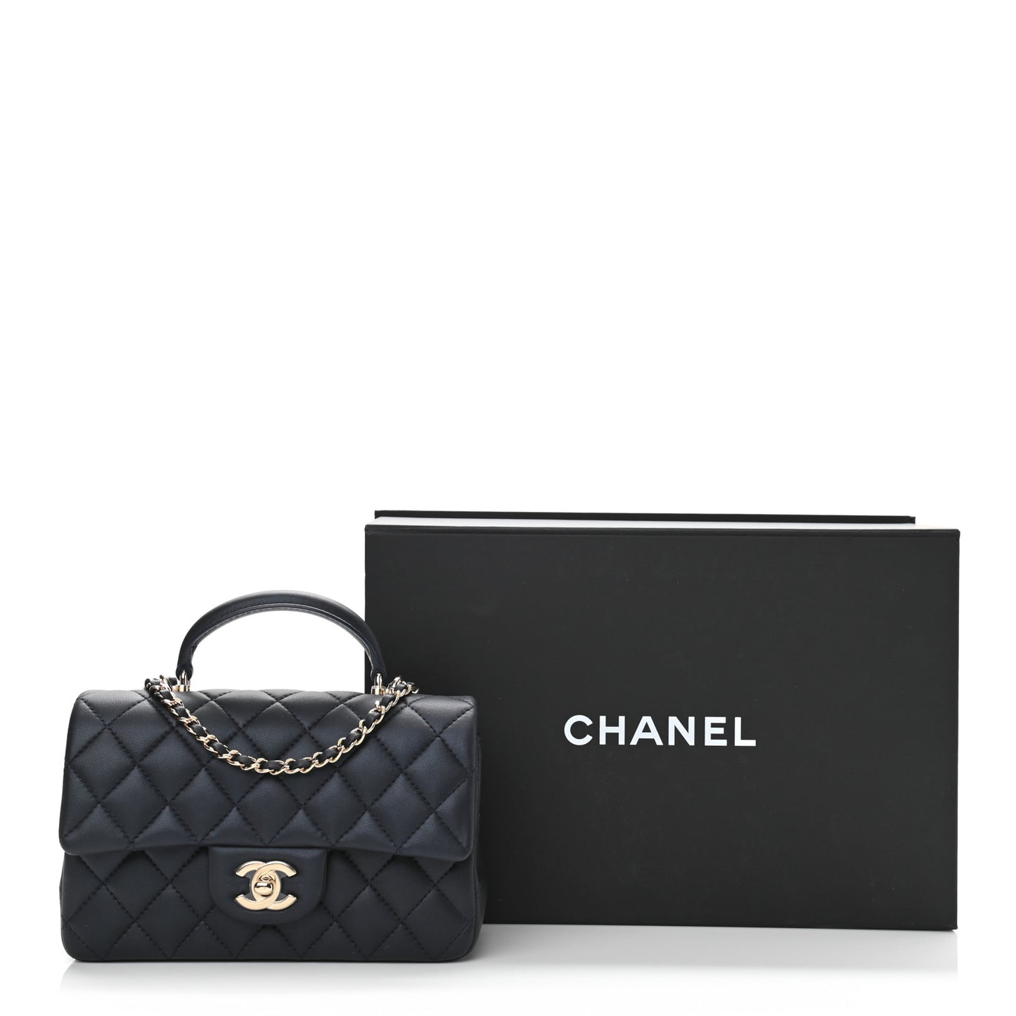 Lambskin Quilted Mini Top Handle Rectangular Flap Navy Blue
