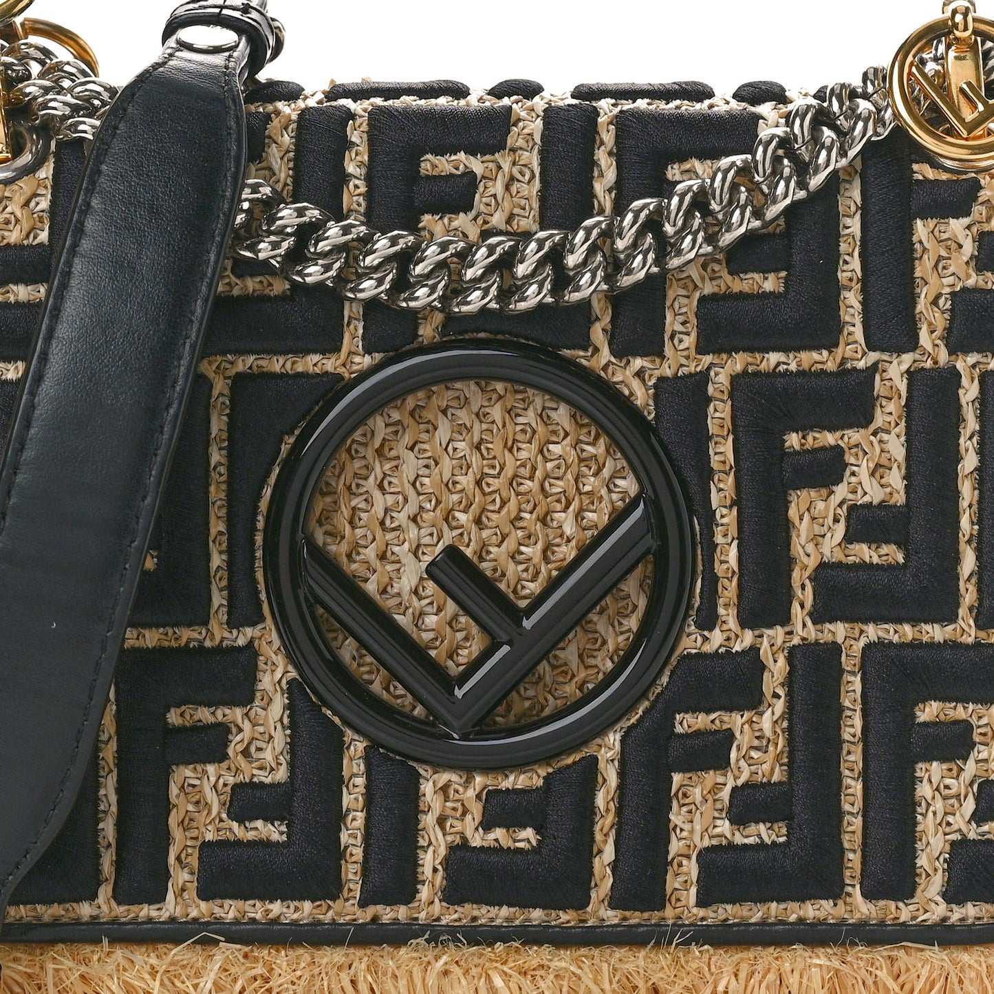 Raffia Vitello Century F is Fendi FF Embroidered Fringe Small Kan I Shoulder Bag Natural Black
