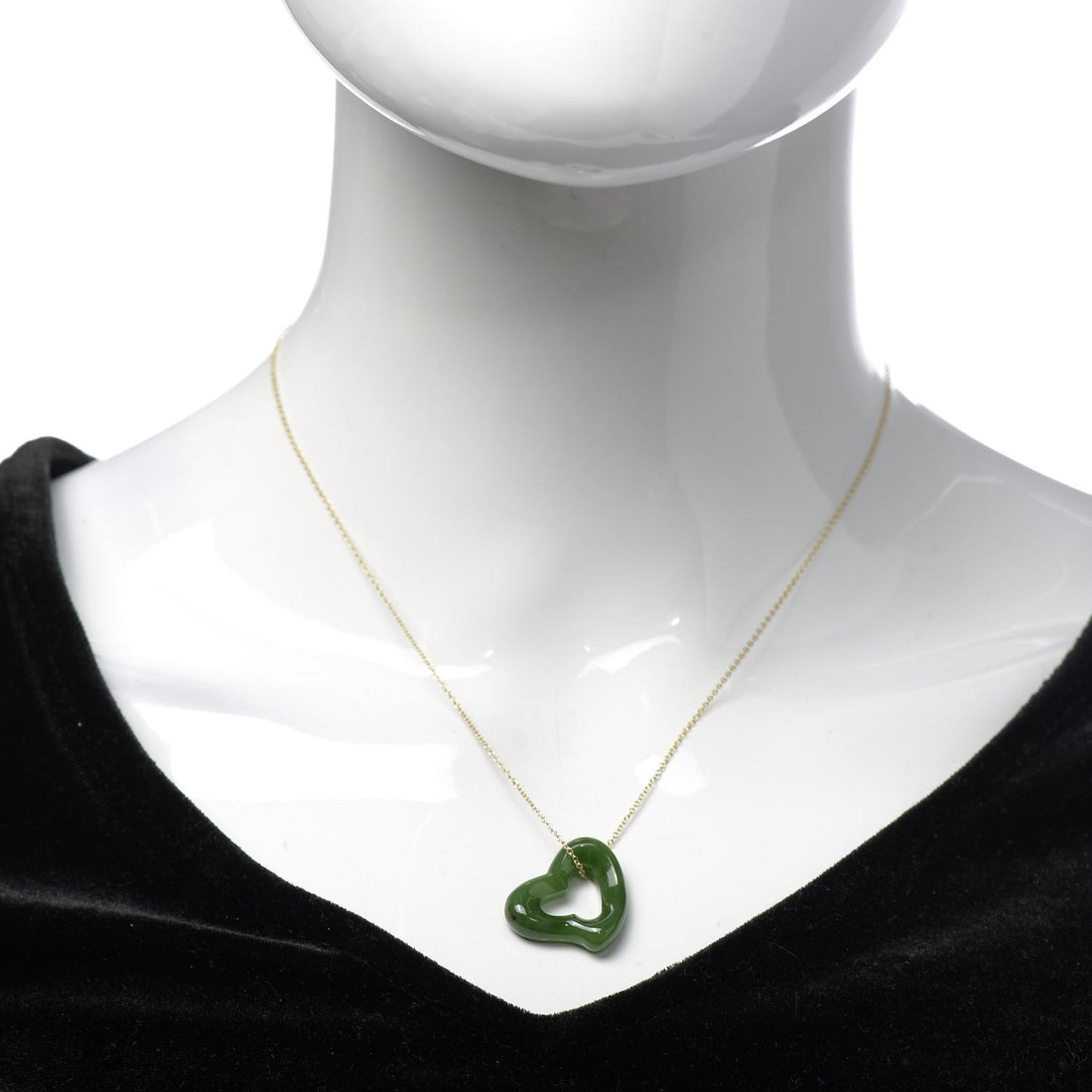 18K Yellow Gold Jade 23mm Elsa Peretti Open Heart Pendant Necklace