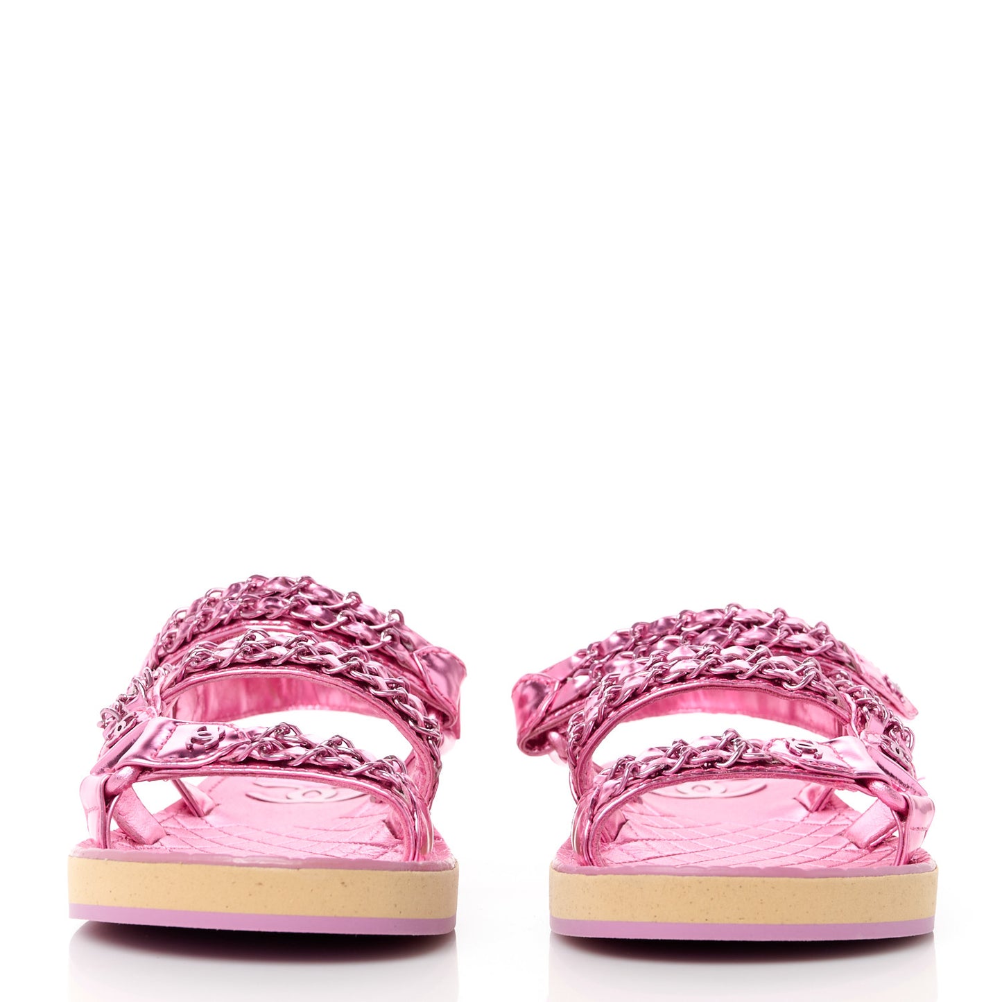 Metallic Laminated Goatskin Chain Flat Sandals 36 Fuchsia