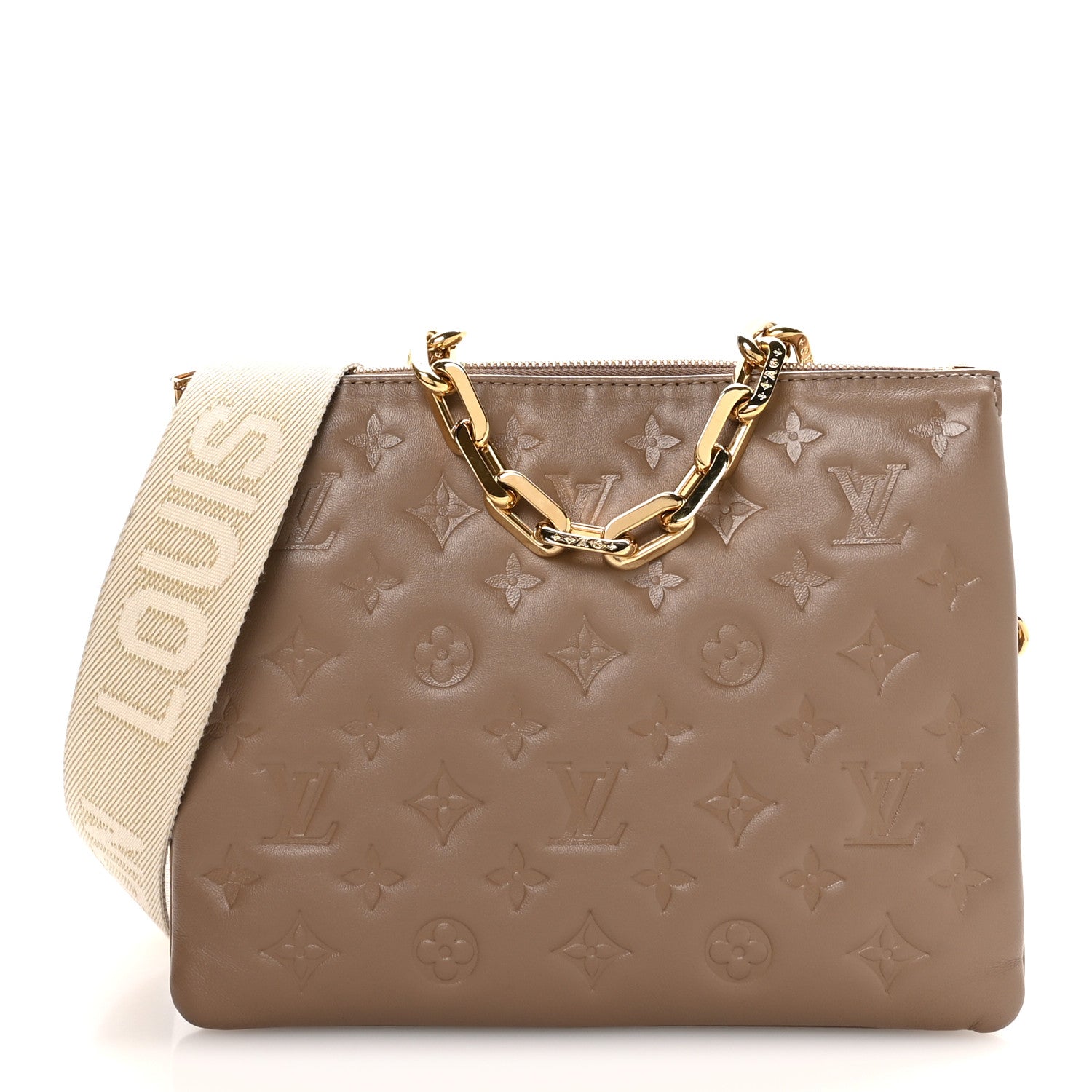 Louis Vuitton Lambskin Embossed Monogram Coussin PM Taupe 1870223