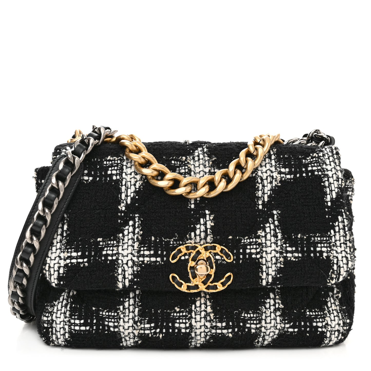 Tweed Quilted Medium Chanel 19 Flap Black White