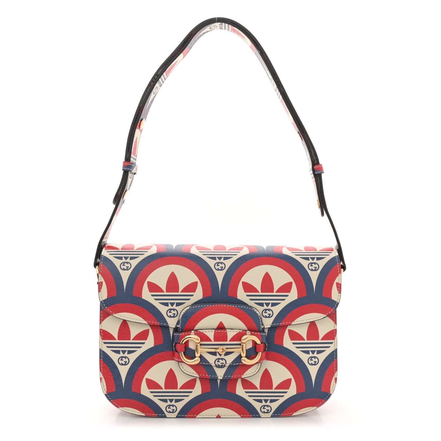 X ADIDAS Shangai Calfskin Web Trefoil Interlocking G Small Horsebit 1955 Shoulder Bag Red White Blue
