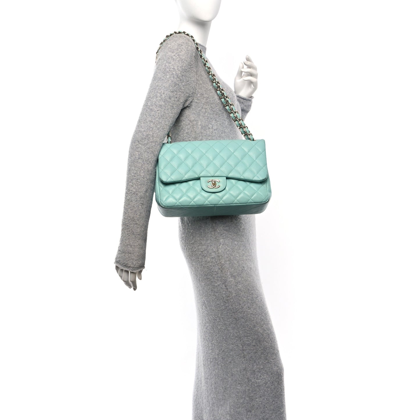 Caviar Quilted Jumbo Double Flap Light Green