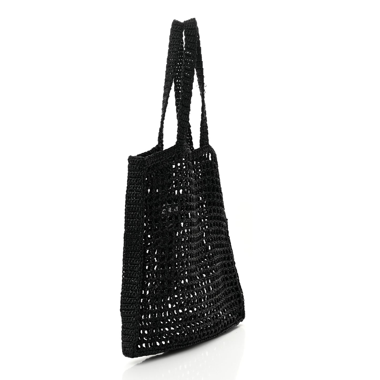 Yarn Raffia Effect Crochet Logo Embroidered Tote Bag Black