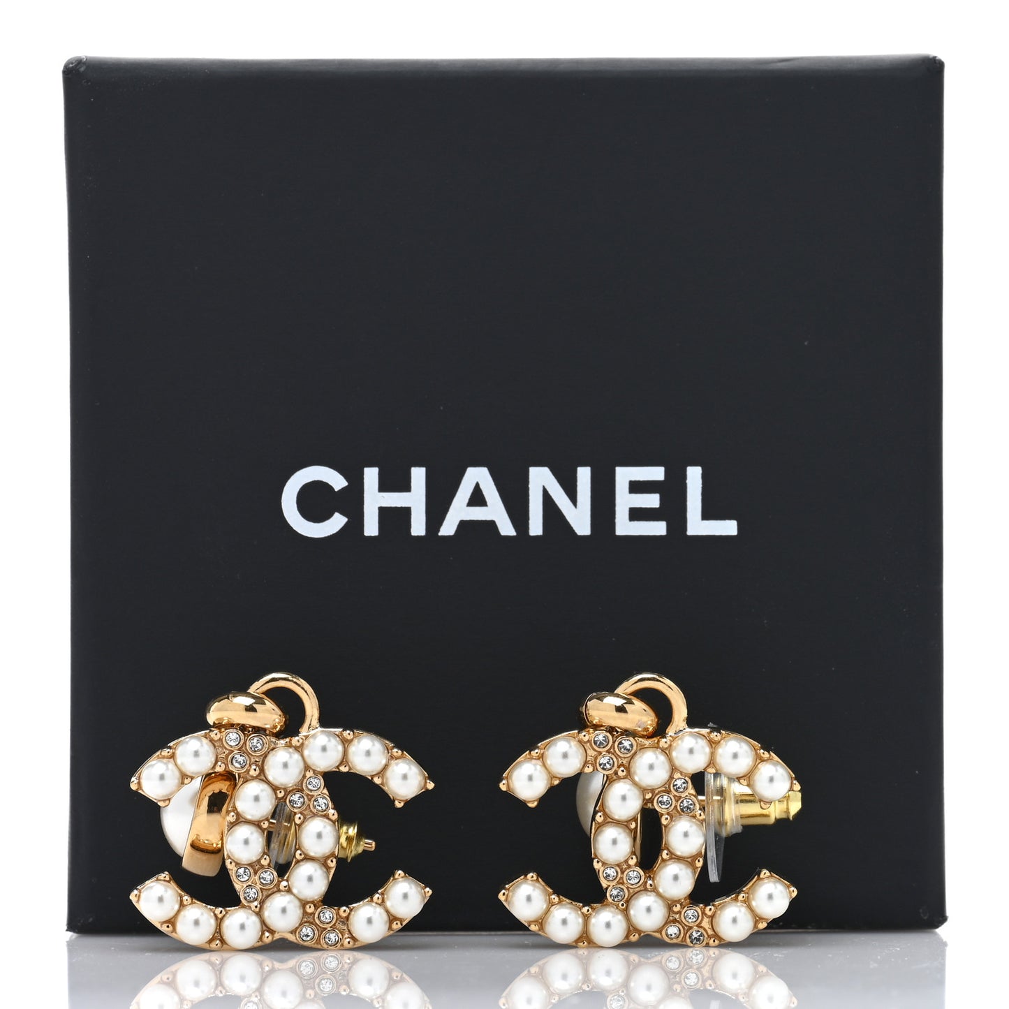 Metal Crystal Pearl CC Pendant Earrings Gold