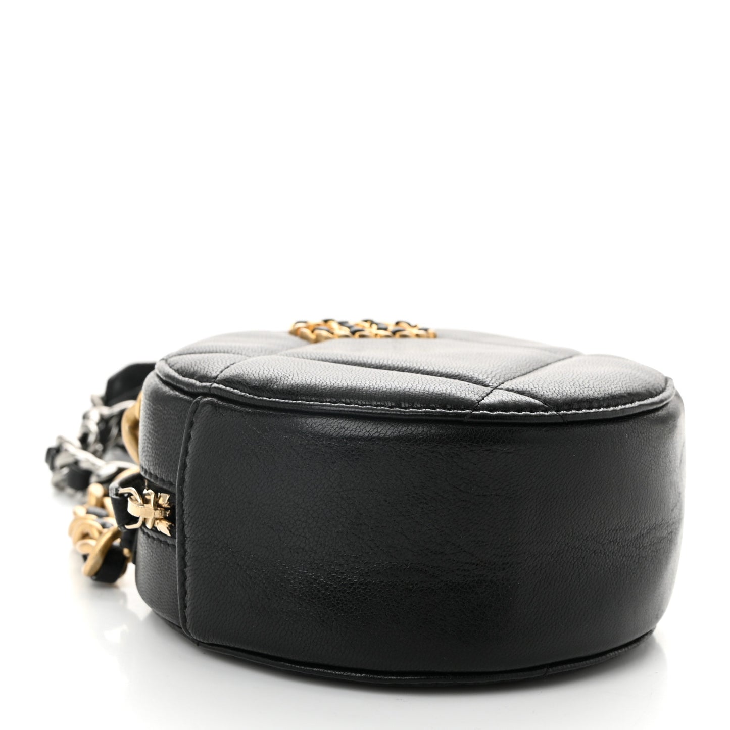 Shiny Goatskin Quilted Chanel 19 Round Clutch With Chain Black