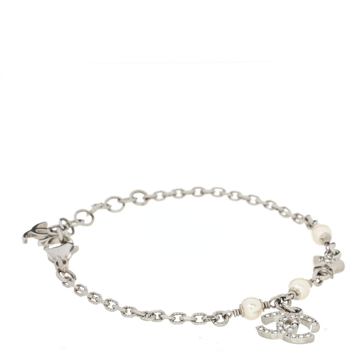 Chanel Metal Pearl Resin Crystal CC Bracelet Silver White 1924683