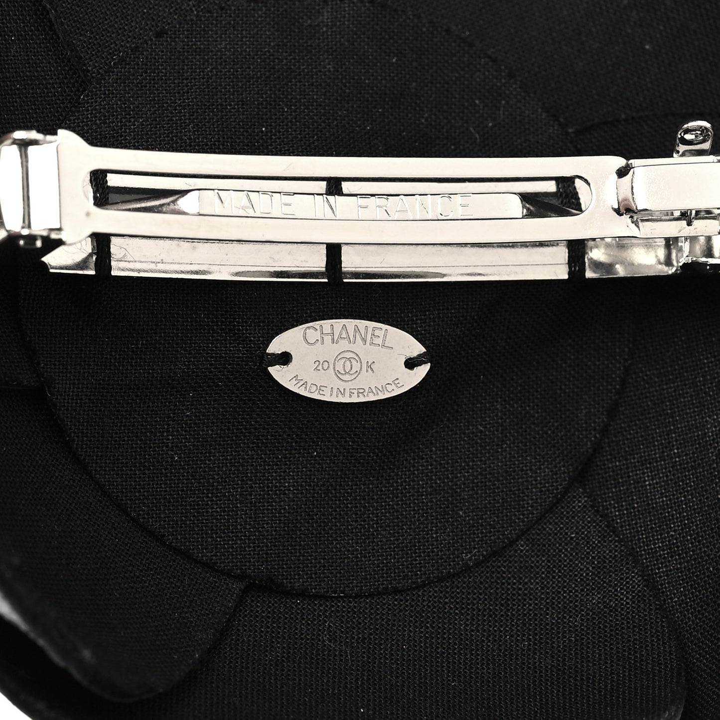 Lambskin Crystal Camellia CC Barrette Hair Clip Black