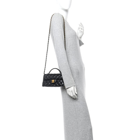 Lambskin Quilted Mini Flap Top Handle Bag Black