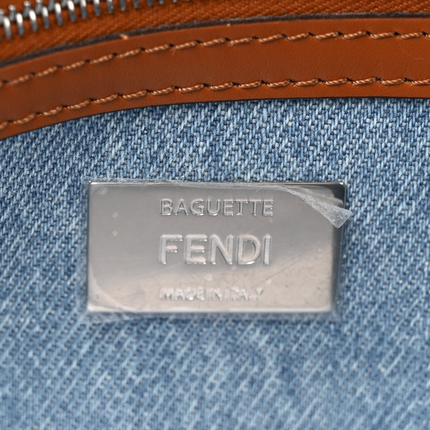 Denim Vitello King FF Embroidered Baguette Denim Chiaro Brandy