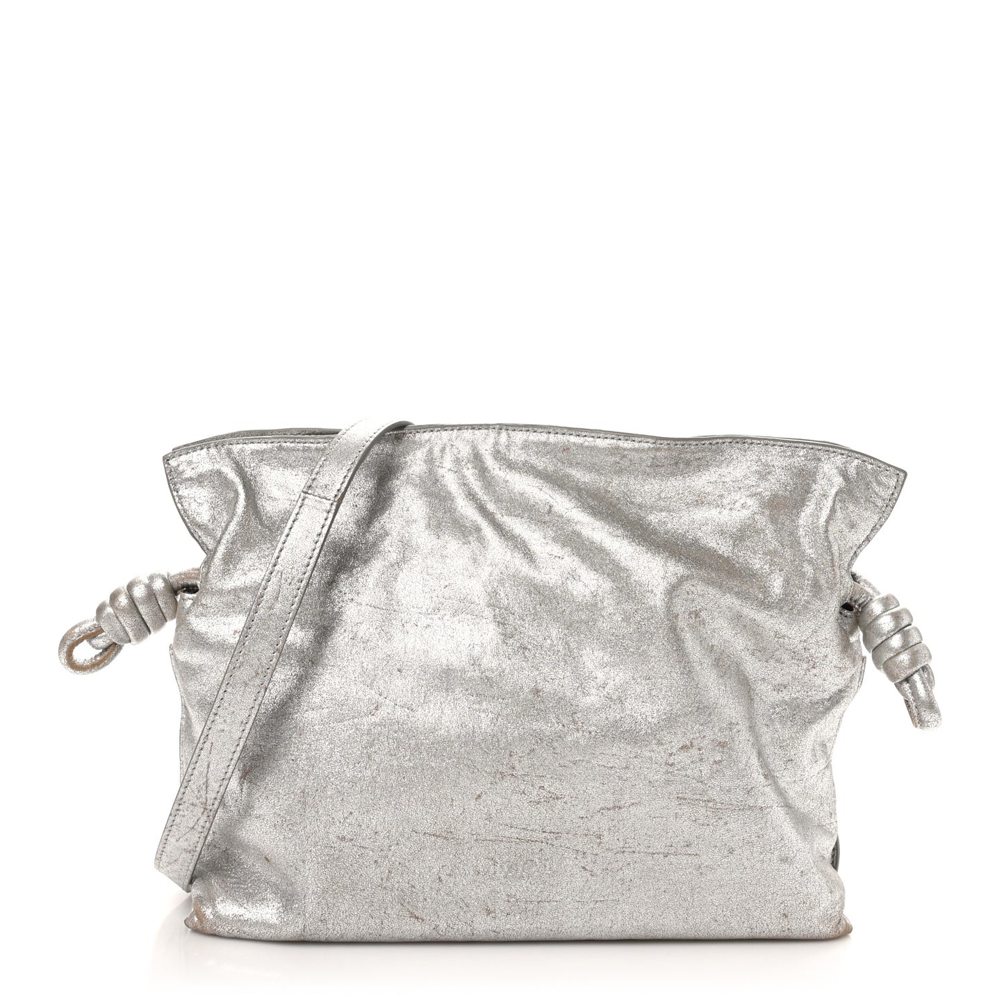Distressed Metallic Lambskin Medium Flamenco Knot Bag Silver