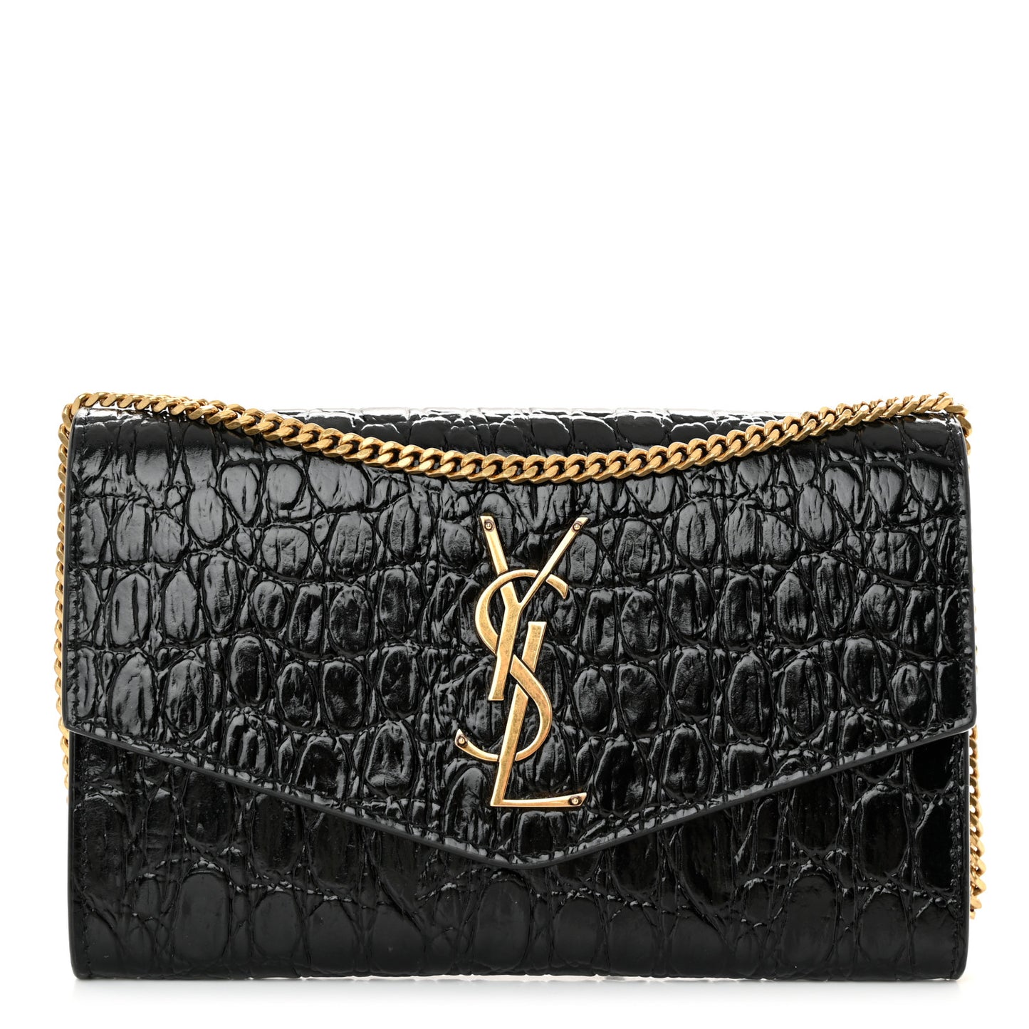 Calfskin Crocodile Embossed Monogram Uptown Chain Wallet Black