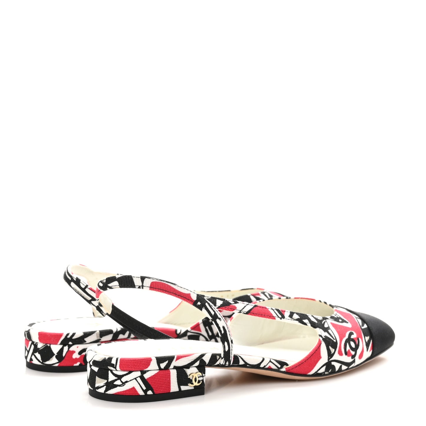 Printed Fabric Grosgrain Cap Toe CC Slingback Flats 37 Red Black White